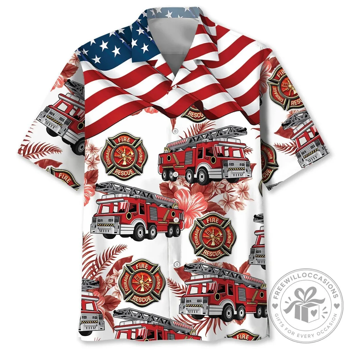 American Flag Firefighter Fire Truck Rescue Department Hawaiian Shirt