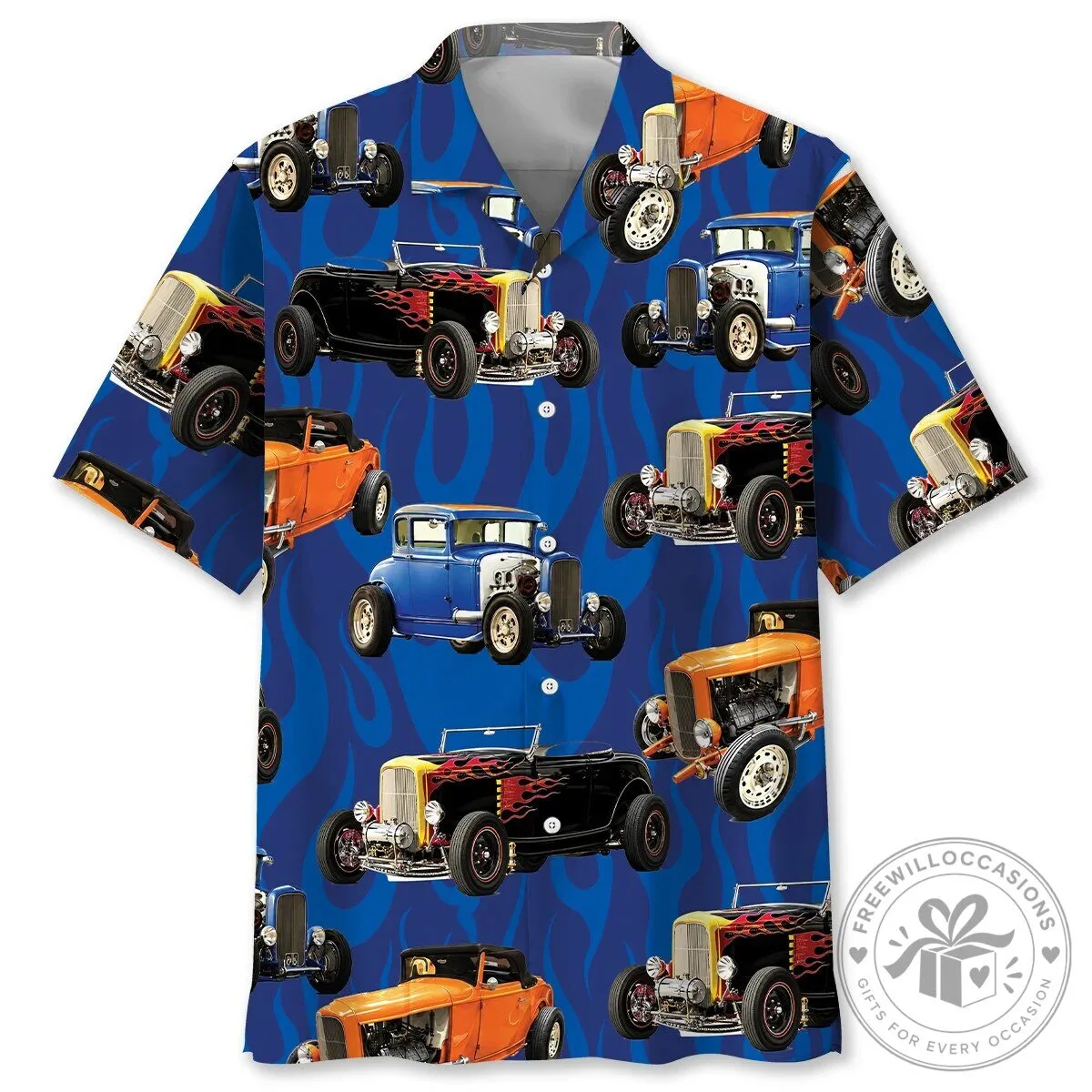 Classic Blue Hot Rod Car Flames Hawaiian Shirt