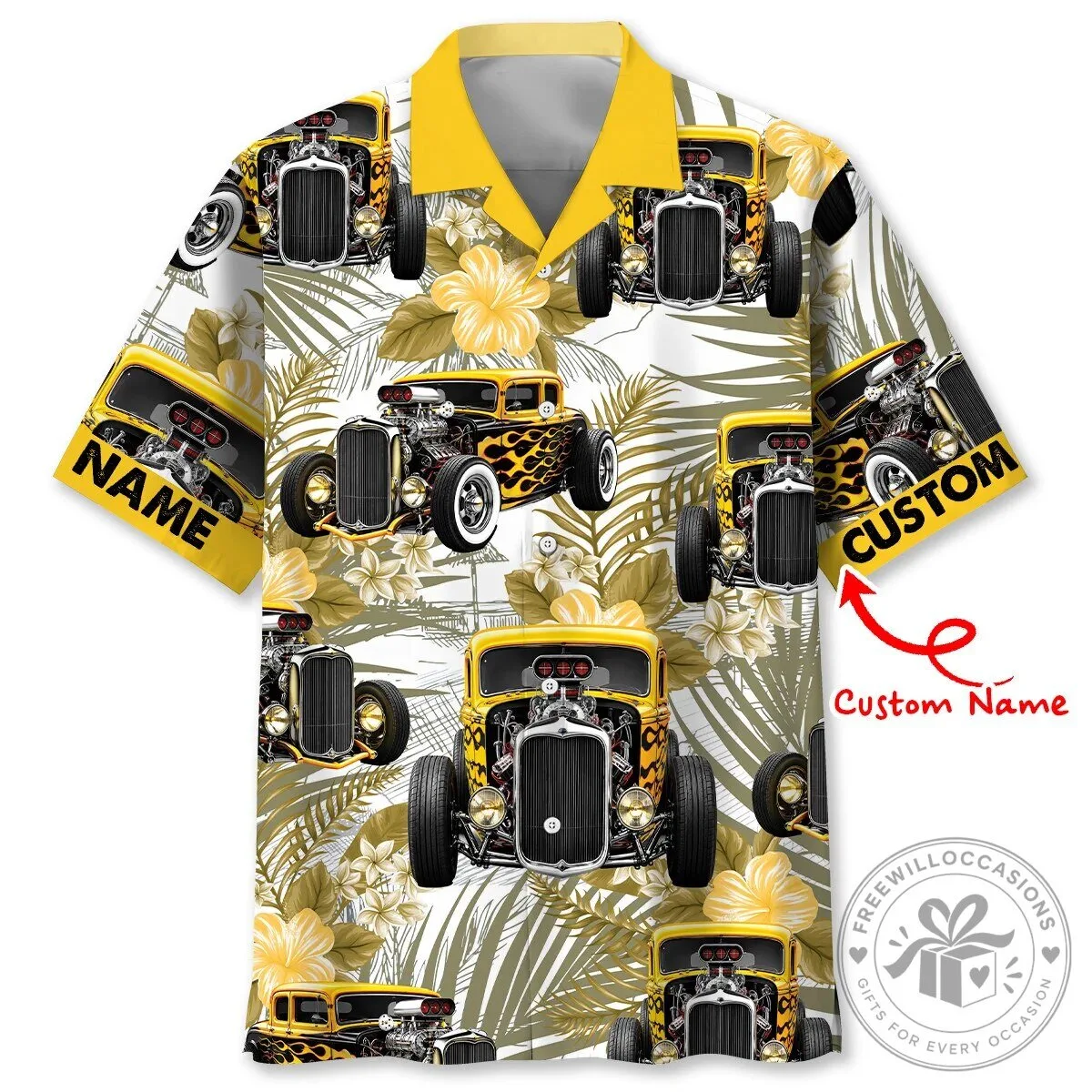 Personalized Yellow Hot Rod Car Tropical Hawaiian Shirt