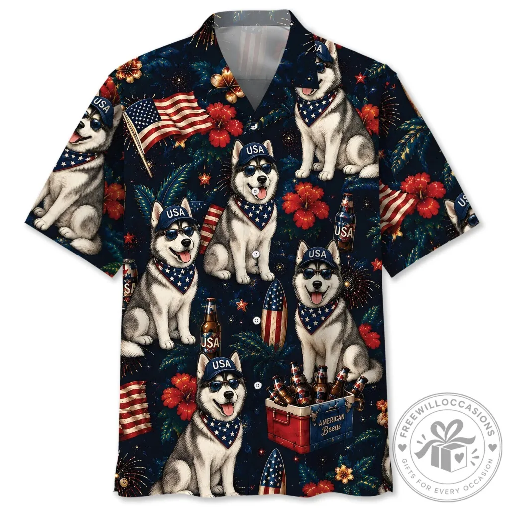 Patriotic Husky Dog Fourth of July American Flag Hawaiian Shirt Patriotic Husky Dog Fourth of July American Flag Hawaiian Shirt