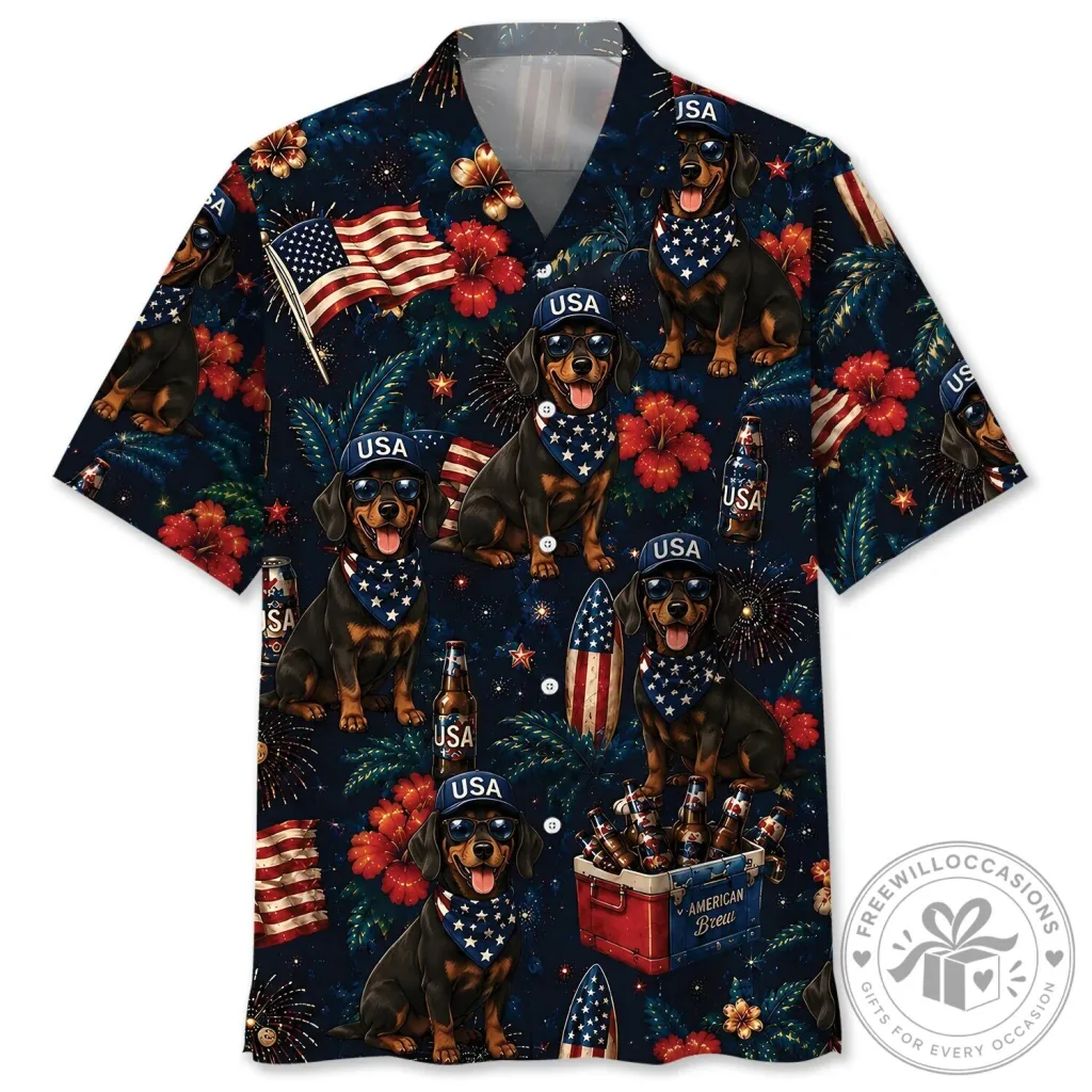 Patriotic Dachshund Dog American Flag Fourth of July Hawaiian Shirt Patriotic Dachshund Dog American Flag Fourth of July Hawaiian Shirt