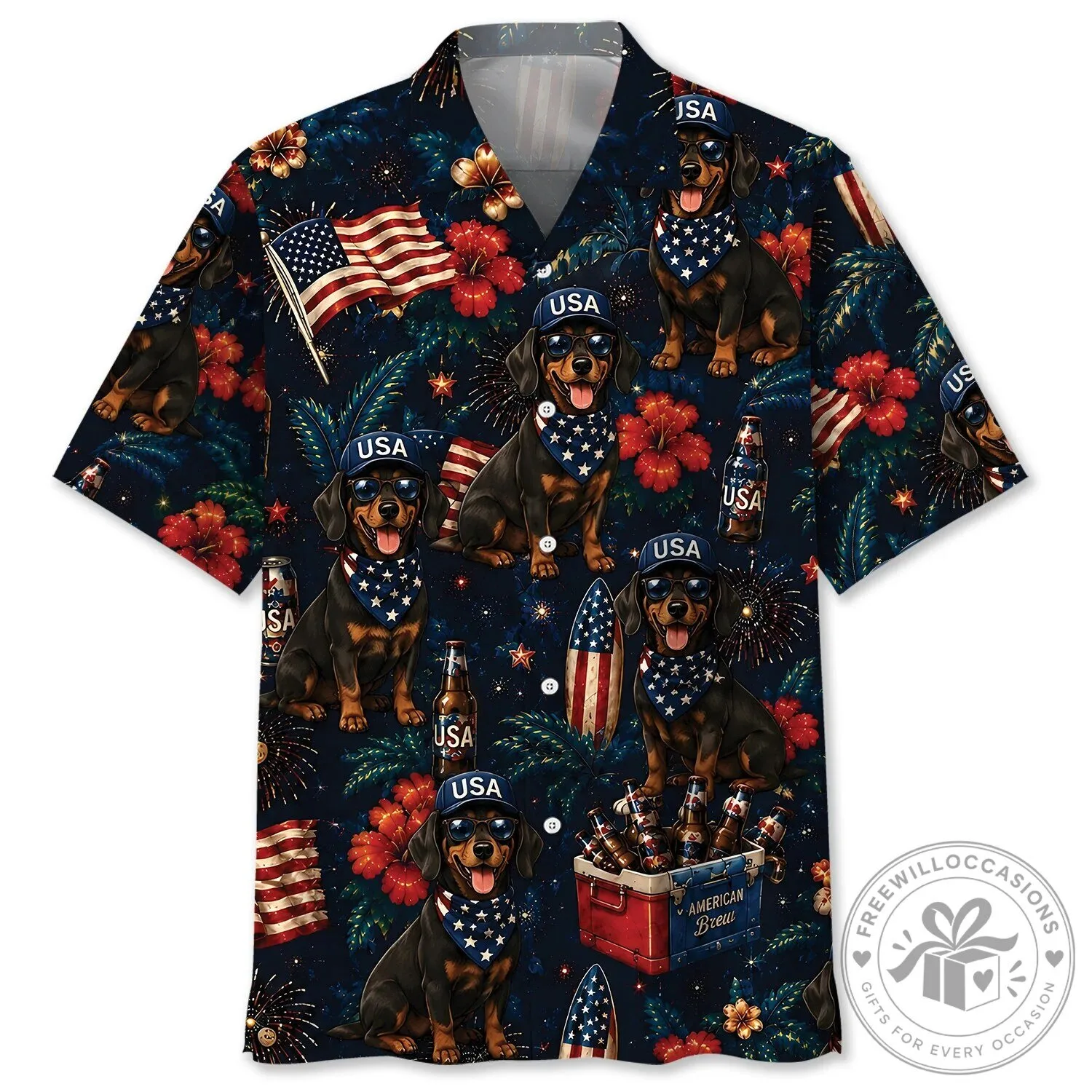 Patriotic Dachshund Dog American Flag Fourth of July Hawaiian Shirt