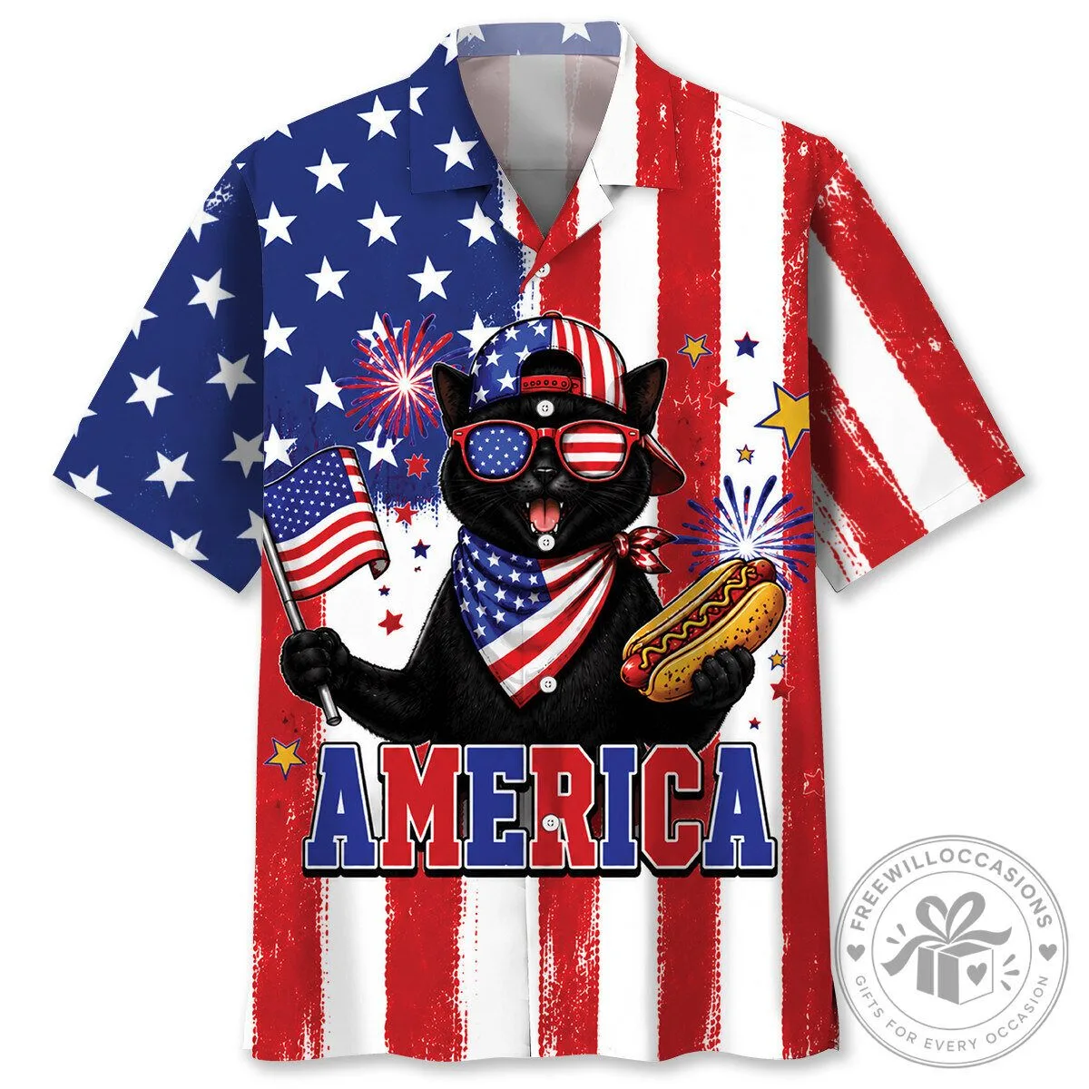 Funny Black Cat Fourth of July America Hawaiian Shirt