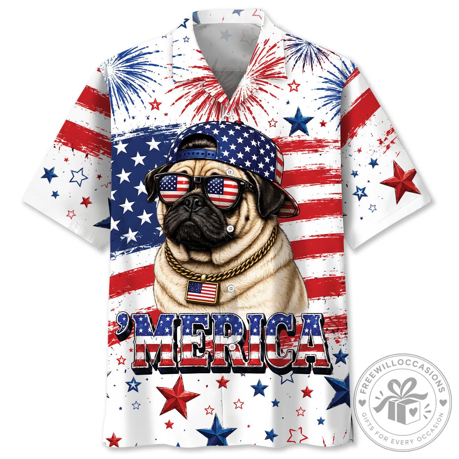 Patriotic Pug Fourth of July American Flag Hawaiian Shirt