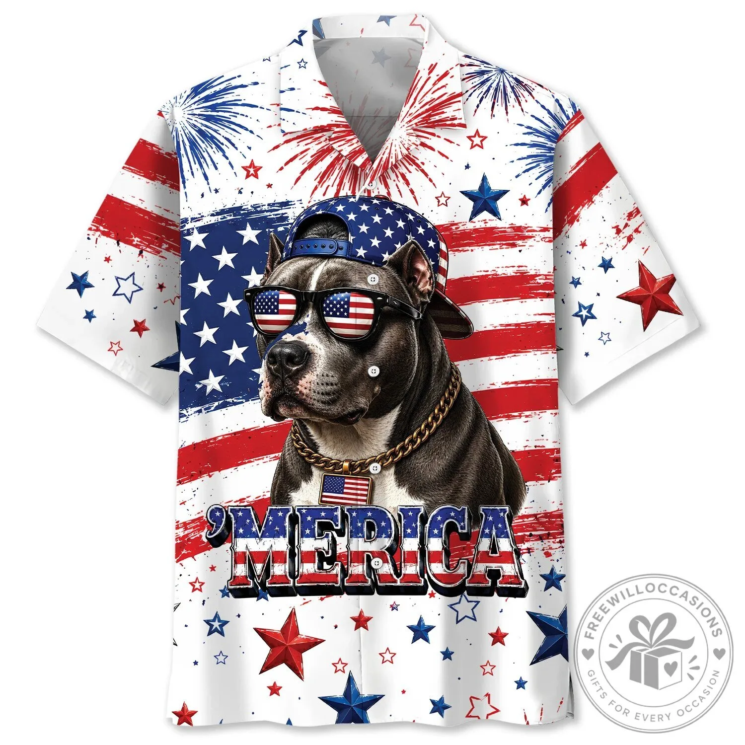 Patriotic Pit Bull Dog Fourth of July American Flag Hawaiian Shirt