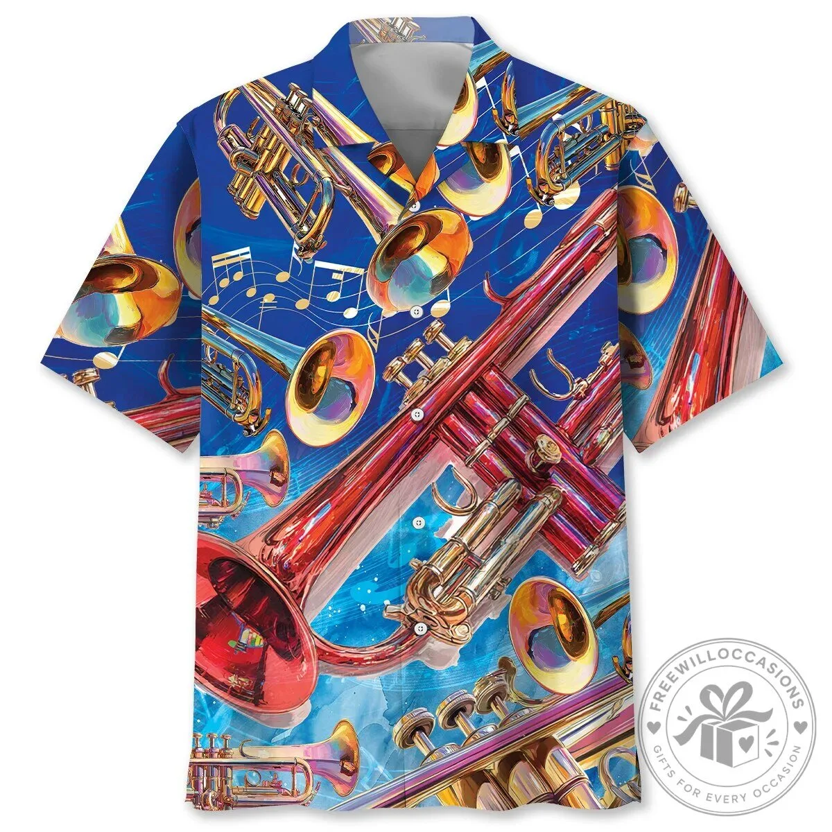 Musical Trumpet Blue Watercolor Pattern Men's Hawaiian Shirt 1 Musical Trumpet Blue Watercolor Pattern Men's Hawaiian Shirt