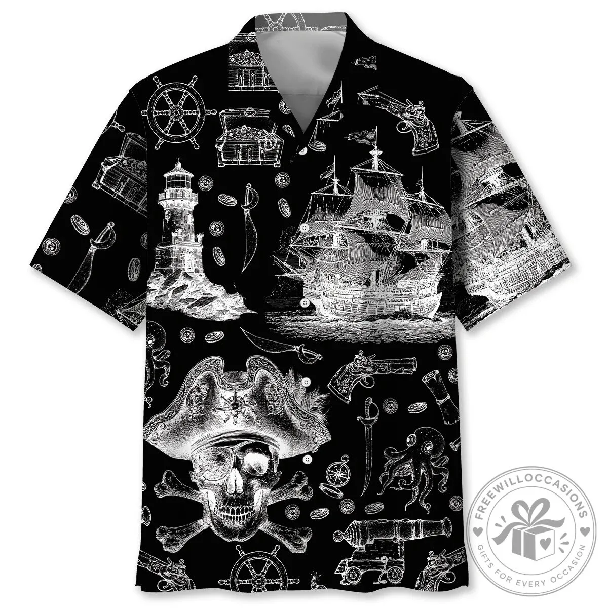 Pirate Skull and Ship Black and White Hawaiian Shirt 1 Pirate Skull and Ship Black and White Hawaiian Shirt