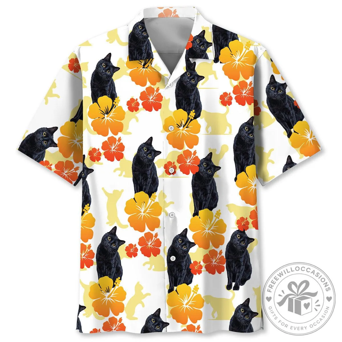 Black Cat and Yellow Hibiscus Flower Pattern White Hawaiian Shirt