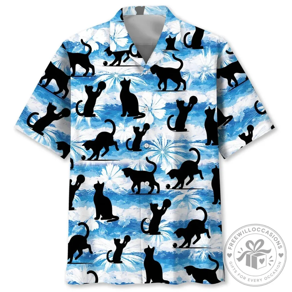 Playful Black Cat Silhouette Pattern Blue Hawaiian Shirt for Men Playful Black Cat Silhouette Pattern Blue Hawaiian Shirt for Men