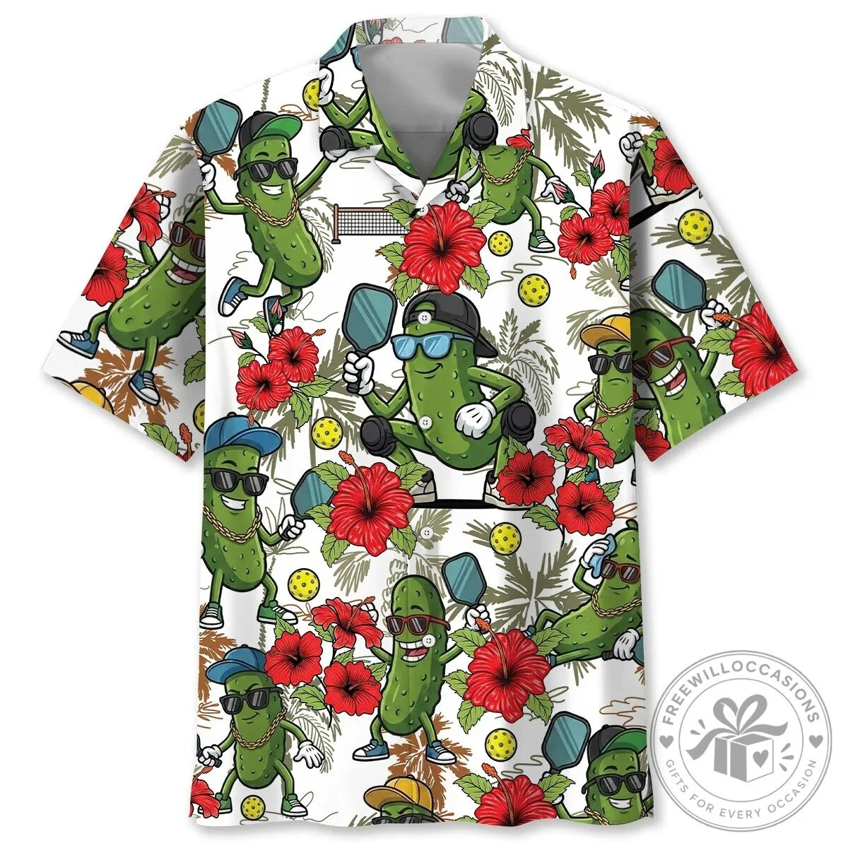 Funny Pickleball Playing Pickles and Hibiscus Flowers Hawaiian Shirt