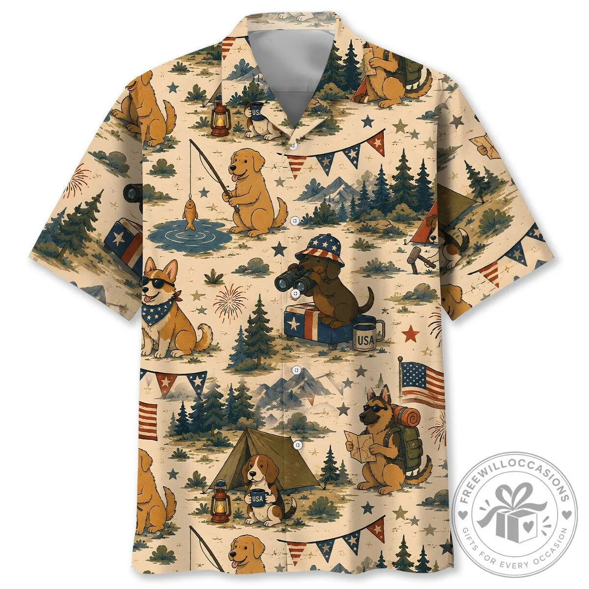 Patriotic Dogs Camping Outdoor Adventure Hawaiian Shirt