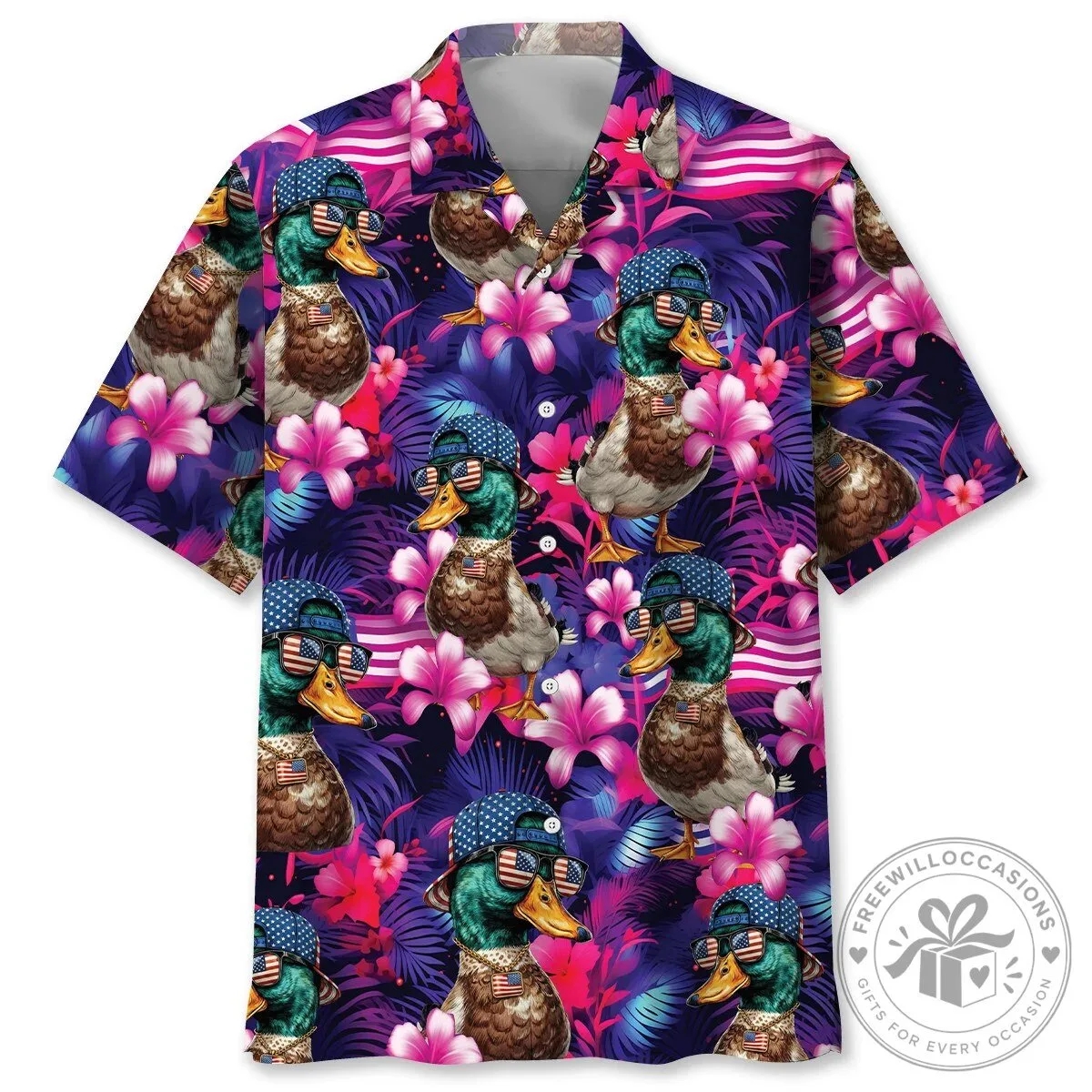 Neon Mallard Duck Patriotic American Flag Tropical Hawaiian Shirt