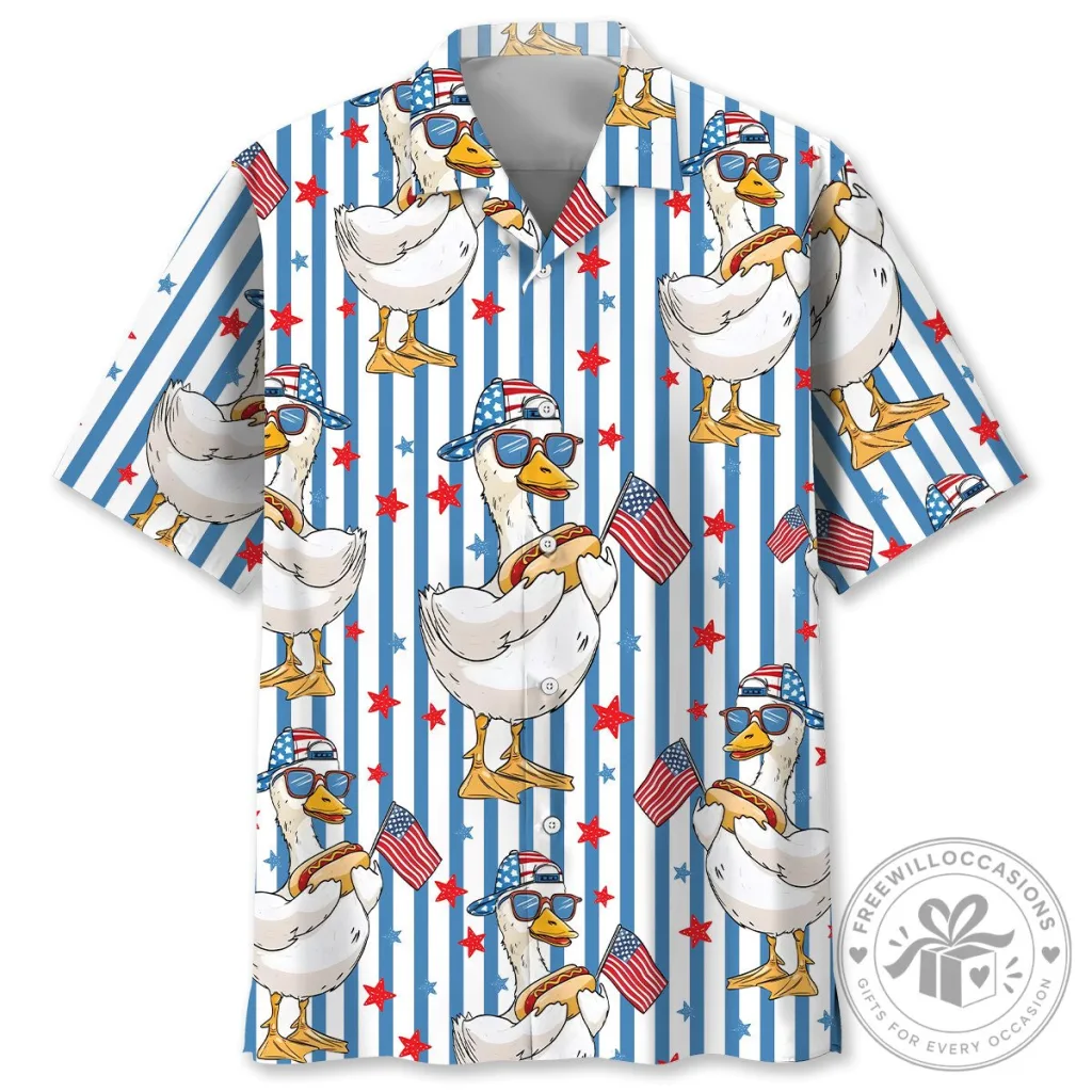 Patriotic Goose Wearing Sunglasses and Hotdog American Flag Hawaiian Shirt Patriotic Goose Wearing Sunglasses and Hotdog American Flag Hawaiian Shirt