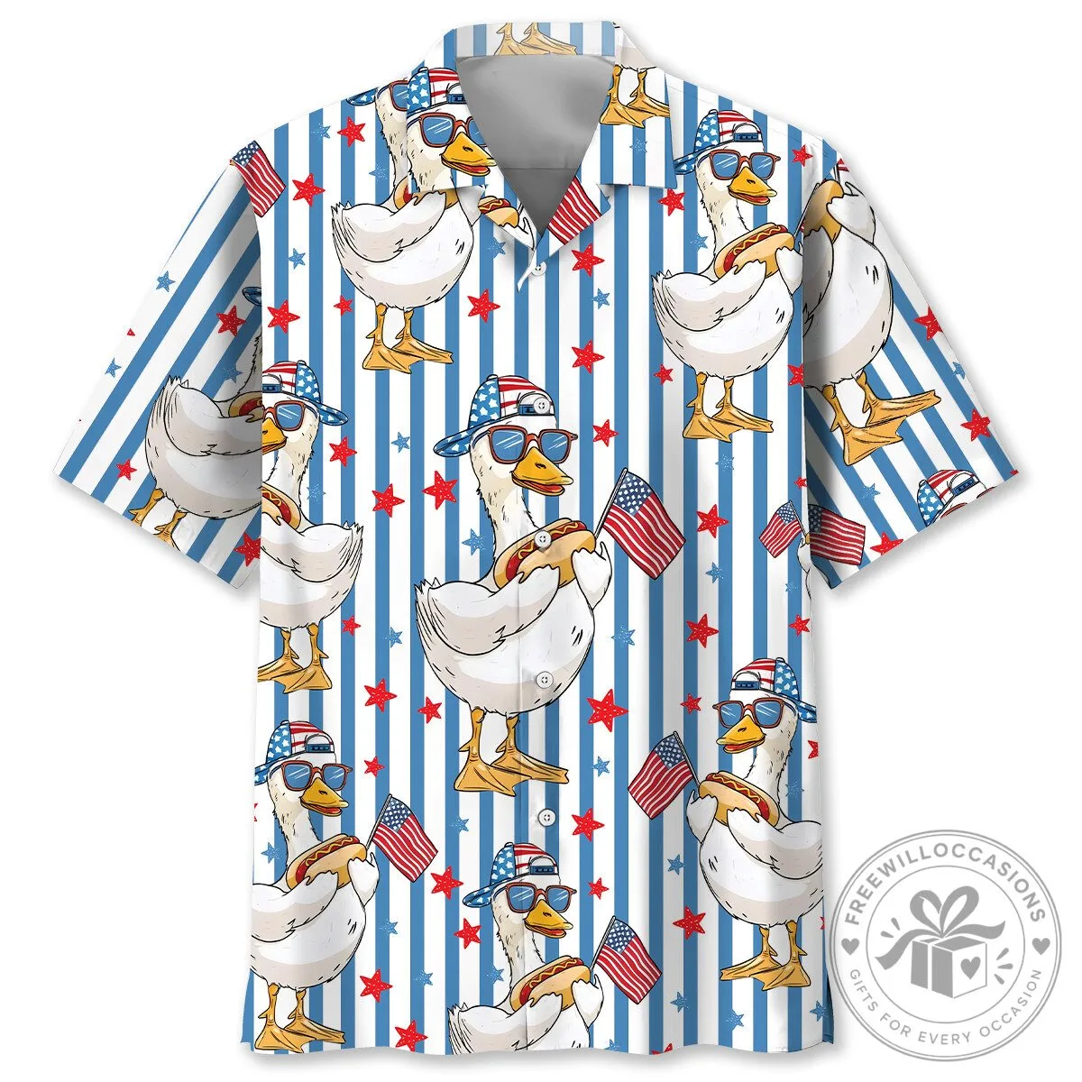 Patriotic Goose Wearing Sunglasses and Hotdog American Flag Hawaiian Shirt