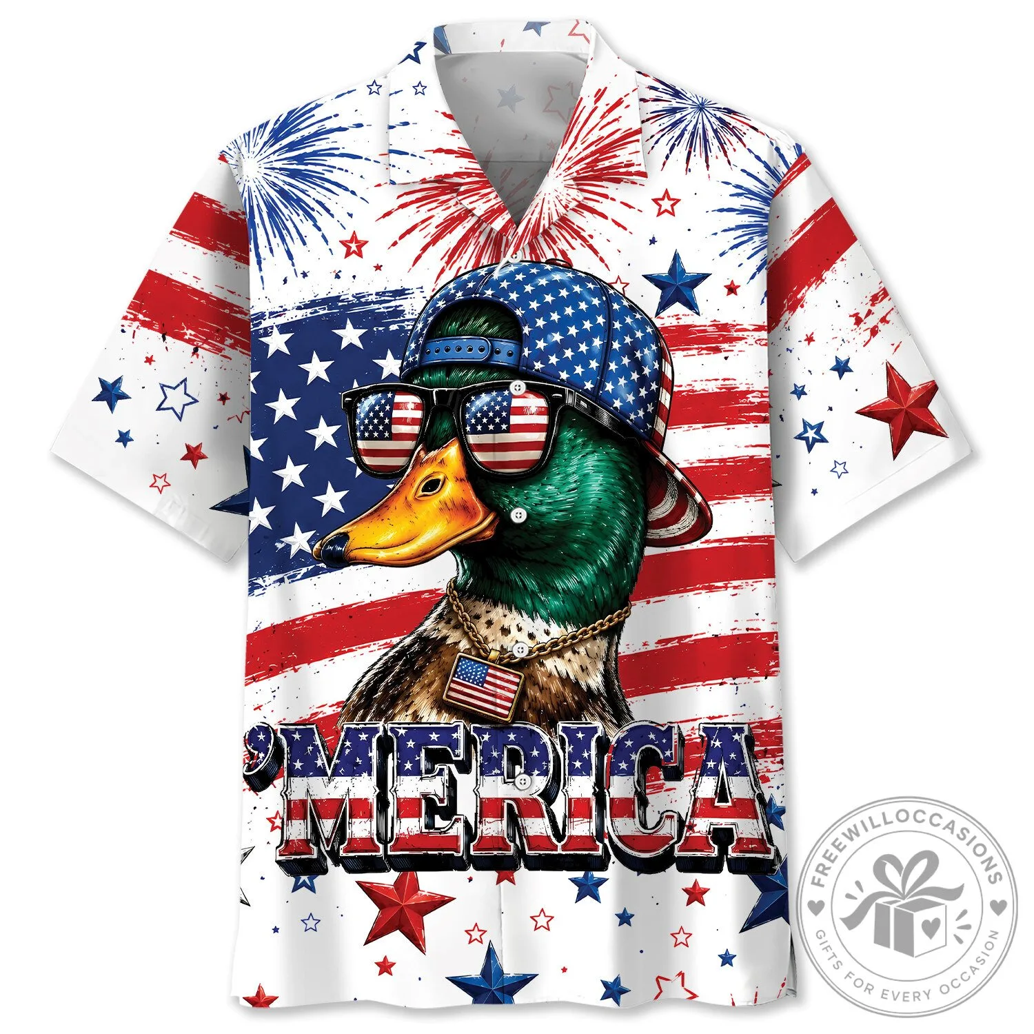 Funny Patriotic Merica Duck American Flag Hawaiian Shirt
