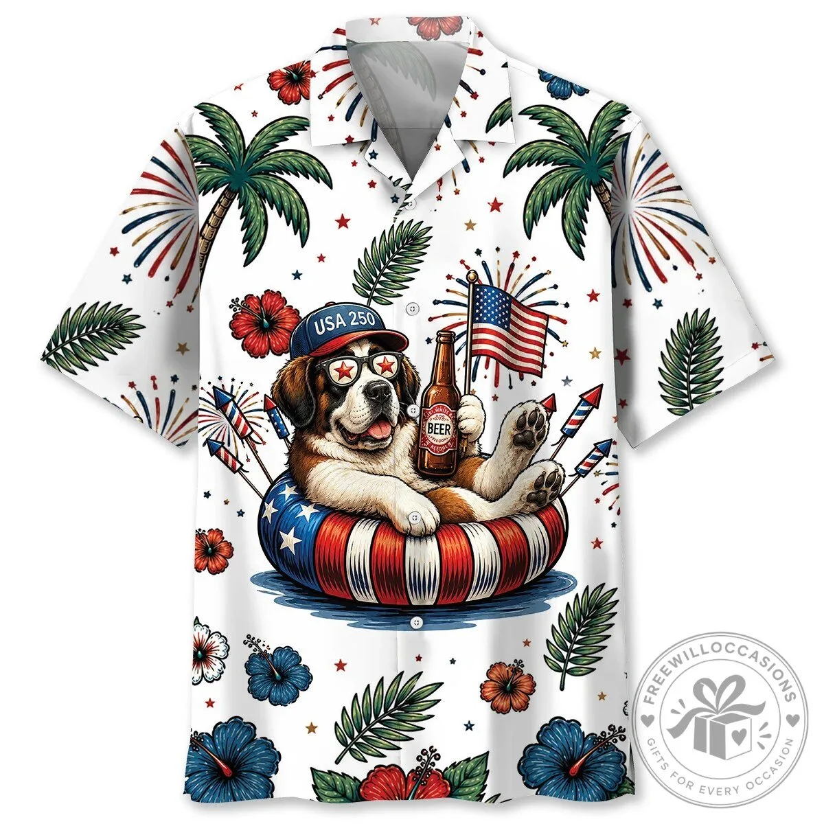 Patriotic Hawaiian Shirt Featuring Saint Bernard Dog and Fourth of July Fireworks