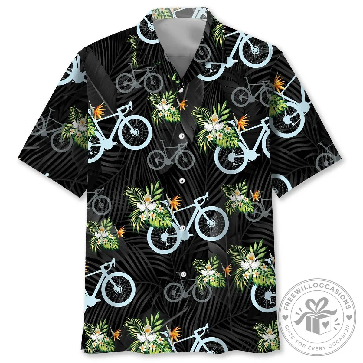 Tropical Bicycle and Floral Pattern Black Hawaiian Shirt for Men and Women