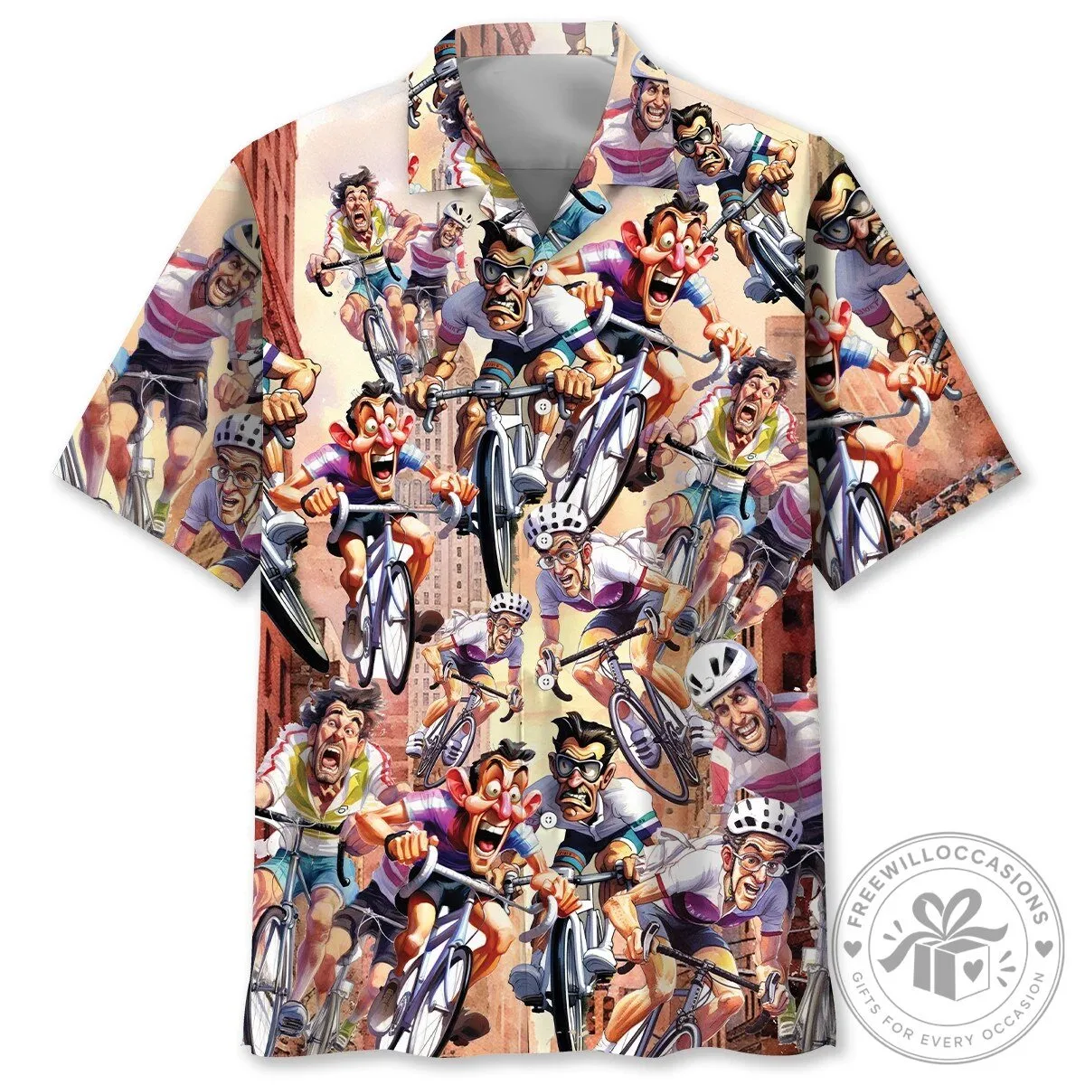 Funny Cycling Man Cartoon All Over Print Hawaiian Shirt