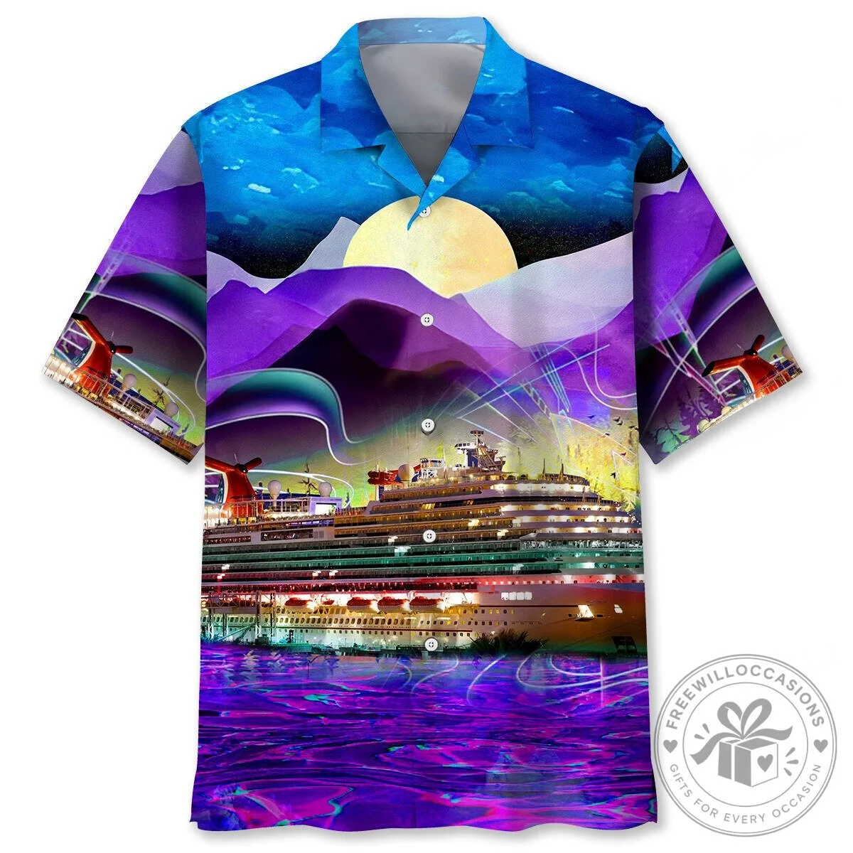 Cruise Ship Moonlight Mountain Scene Hawaiian Shirt
