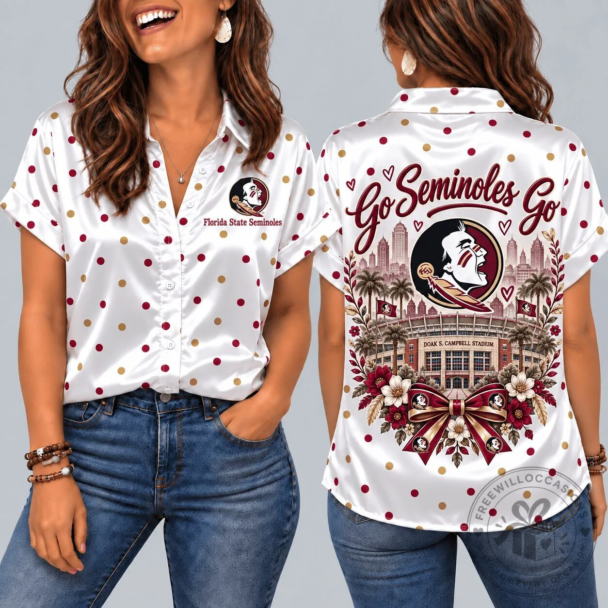 Florida State Seminoles Mascot Polka Dot Button Down Hawaiian Shirt