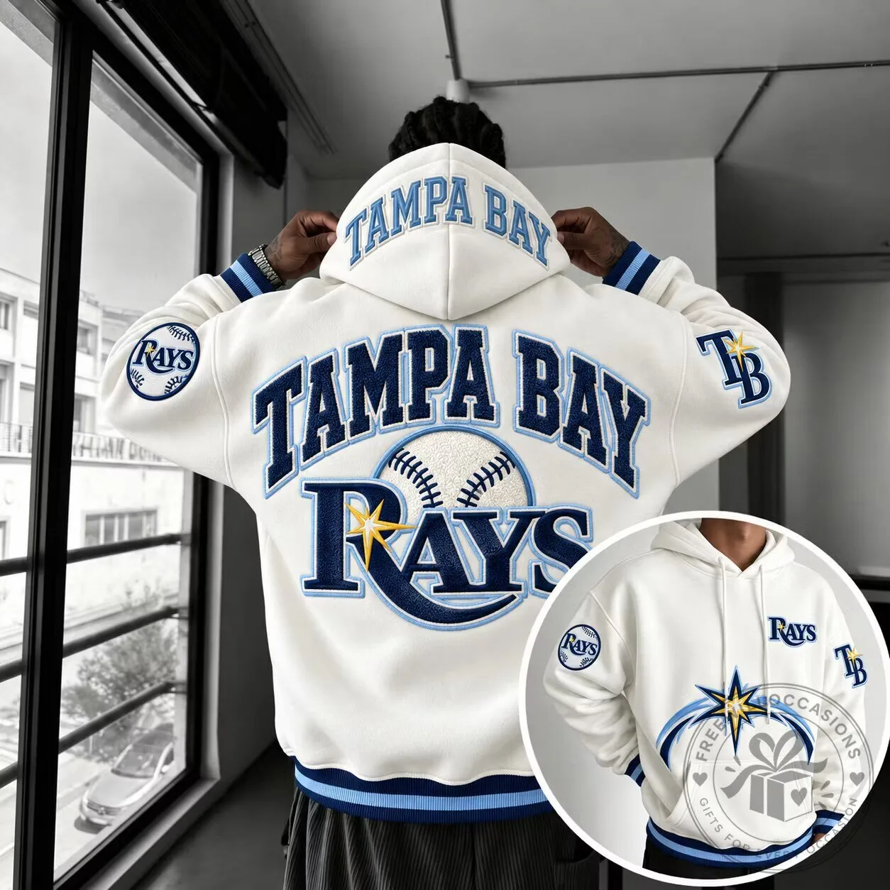 Tampa Bay Rays Baseball Team Logo White Embroidered Hoodie