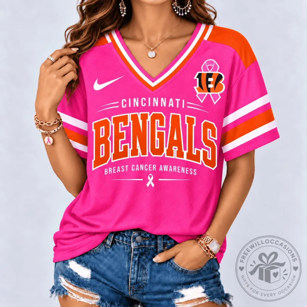 Cincinnati Bengals Breast Cancer Awareness Pink V-Neck Football Jersey Cincinnati Bengals Breast Cancer Awareness Pink V-Neck Football Jersey
