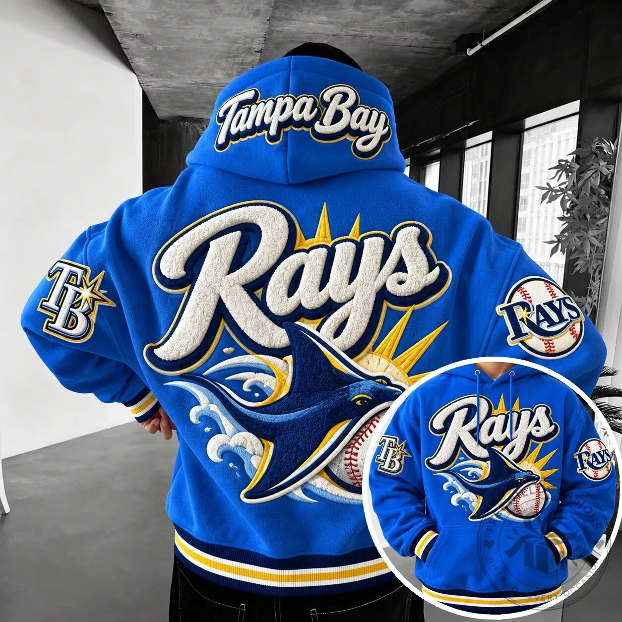 Tampa Bay Rays Baseball Team Logo Blue Embroidered Hoodie Sweatshirt