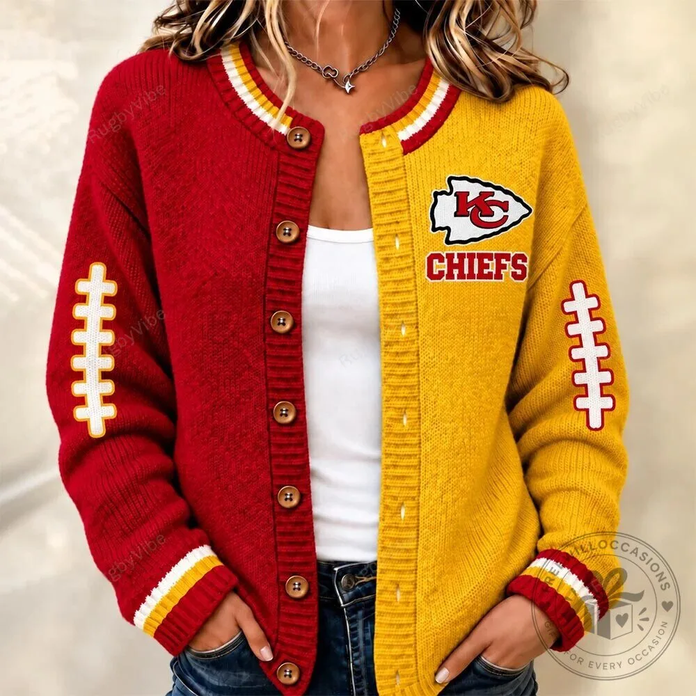 Kansas City Chiefs Football Team Red Yellow Knit Cardigan Sweater