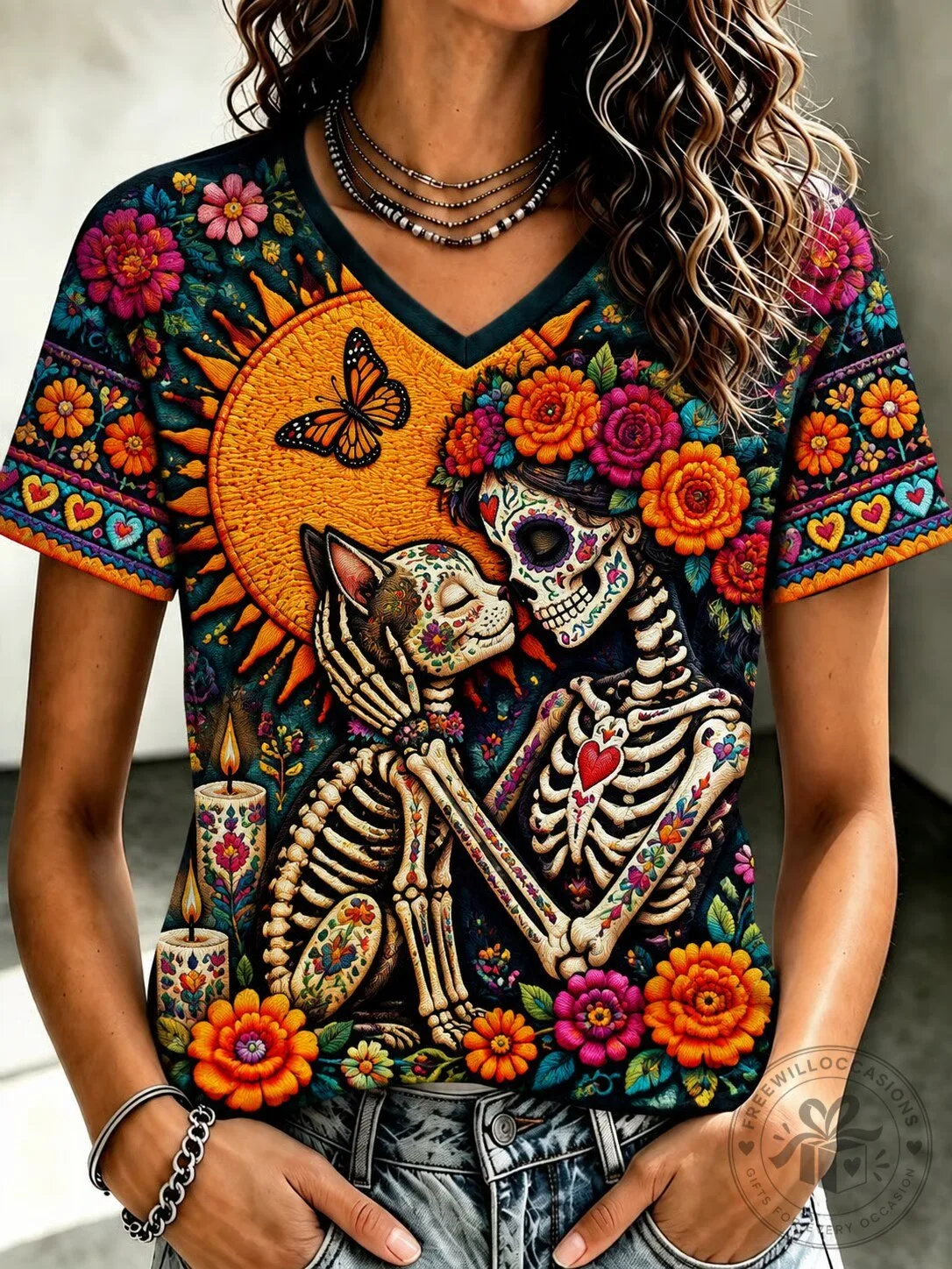Day of the Dead Skeletons and Cat Sugar Skull Floral V-Neck T-Shirt