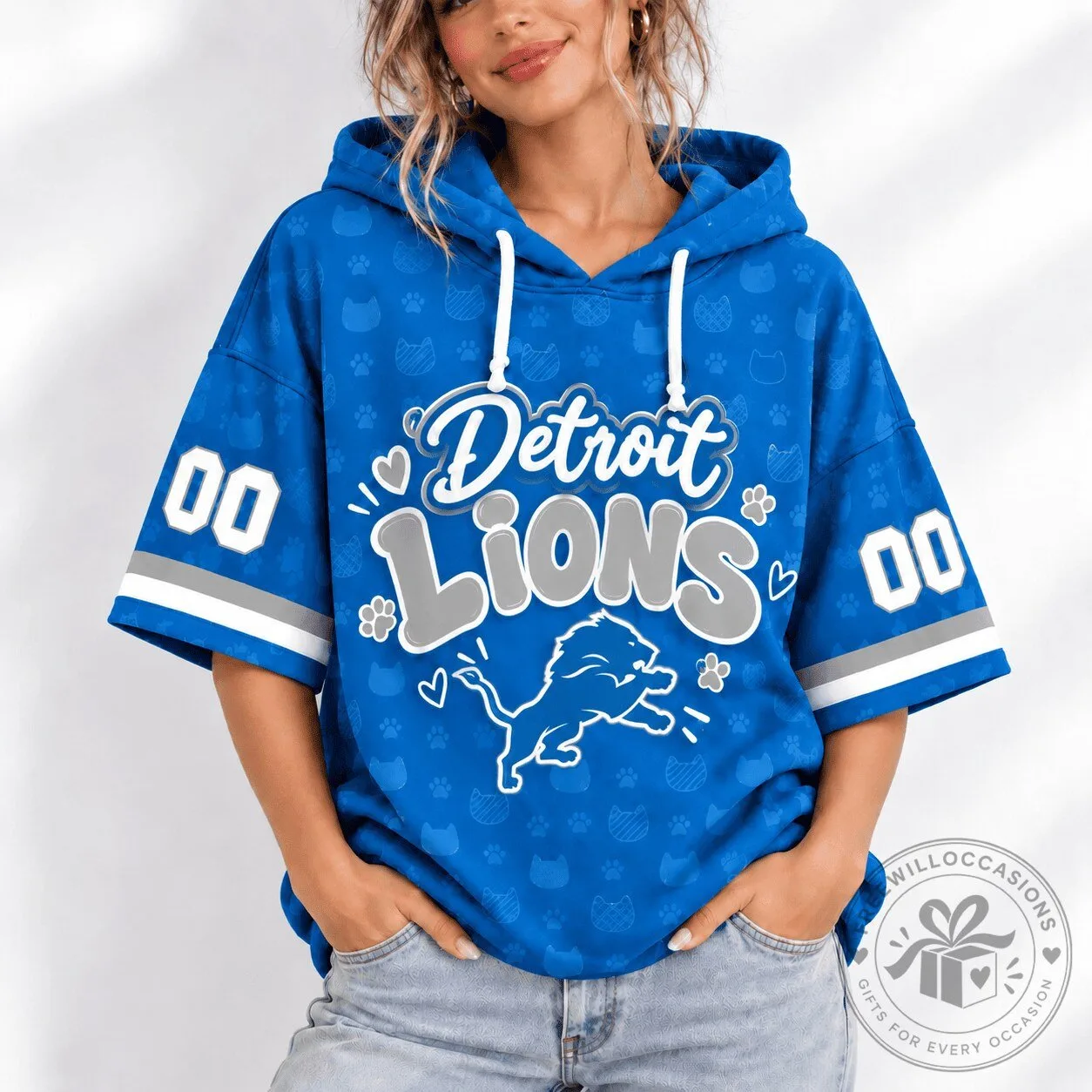 Detroit Lions Football Team Short Sleeve Hoodie for Women