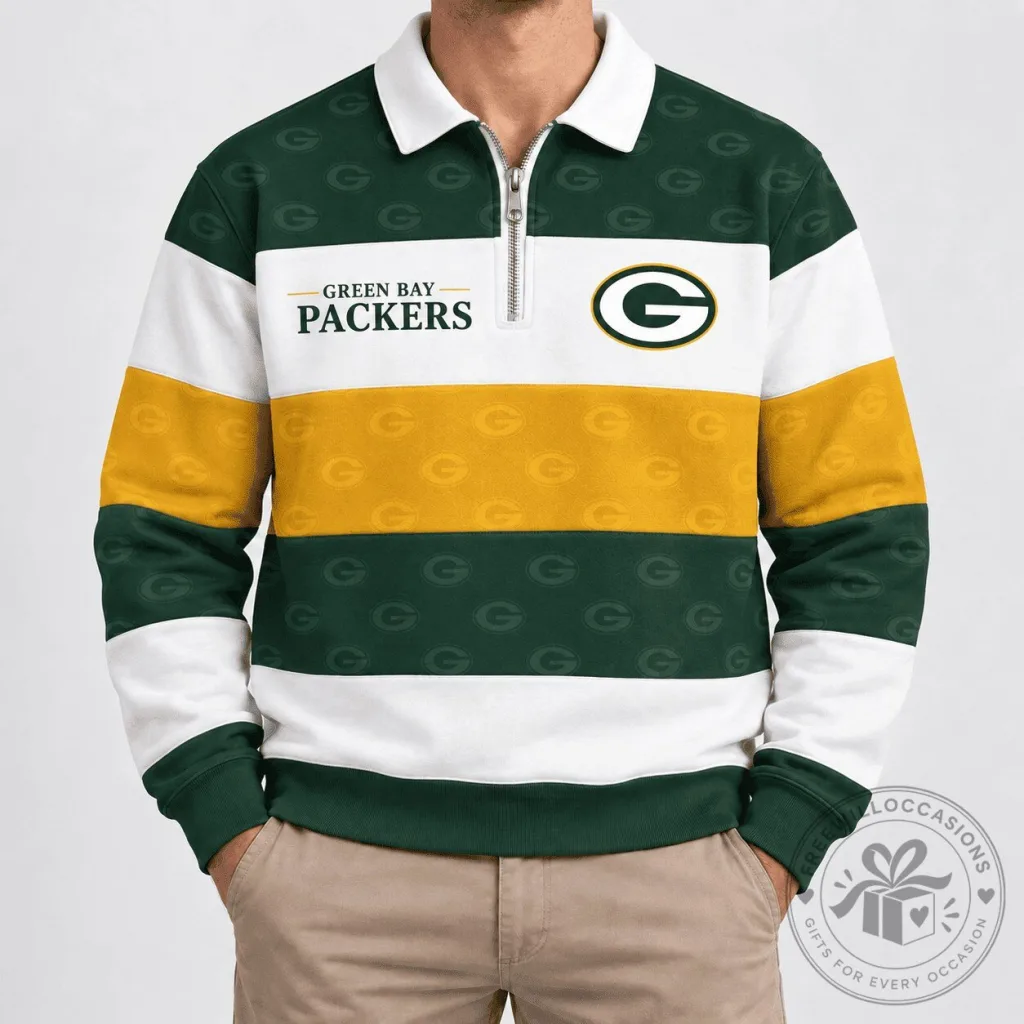 Green Bay Packers Rugby Polo Shirt with Zipper Collar and Striped Design Green Bay Packers Rugby Polo Shirt with Zipper Collar and Striped Design
