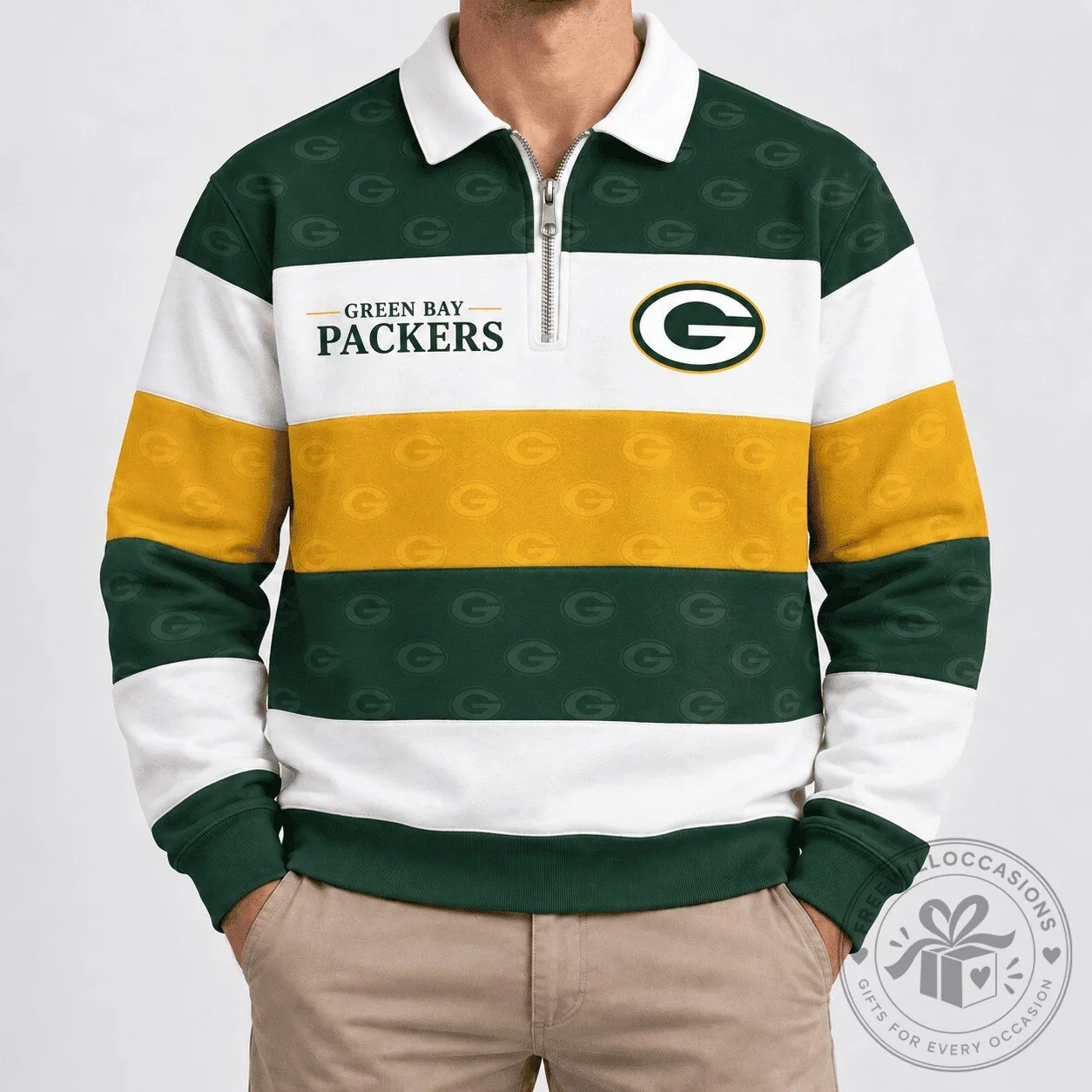 Green Bay Packers Rugby Polo Shirt with Zipper Collar and Striped Design