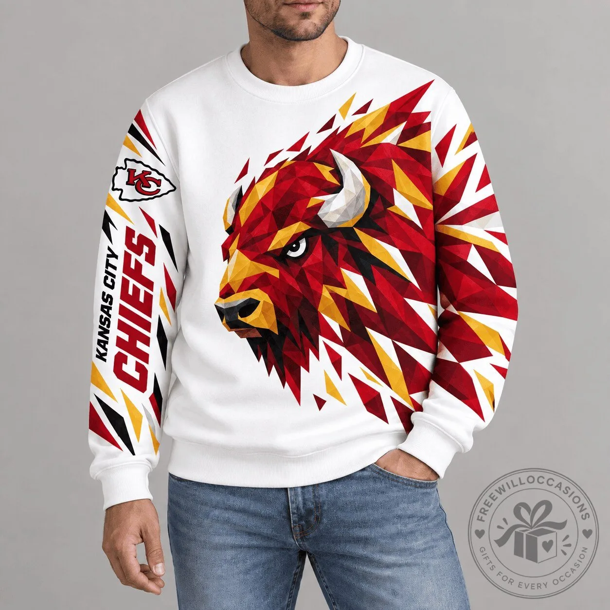 Kansas City Chiefs Polygonal Mascot Design White Crewneck Sweatshirt