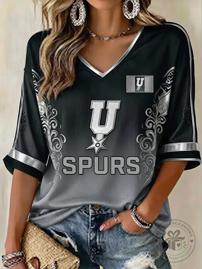 San Antonio Spurs Basketball Fan T-Shirt for Women, V-Neck Short Sleeve Top