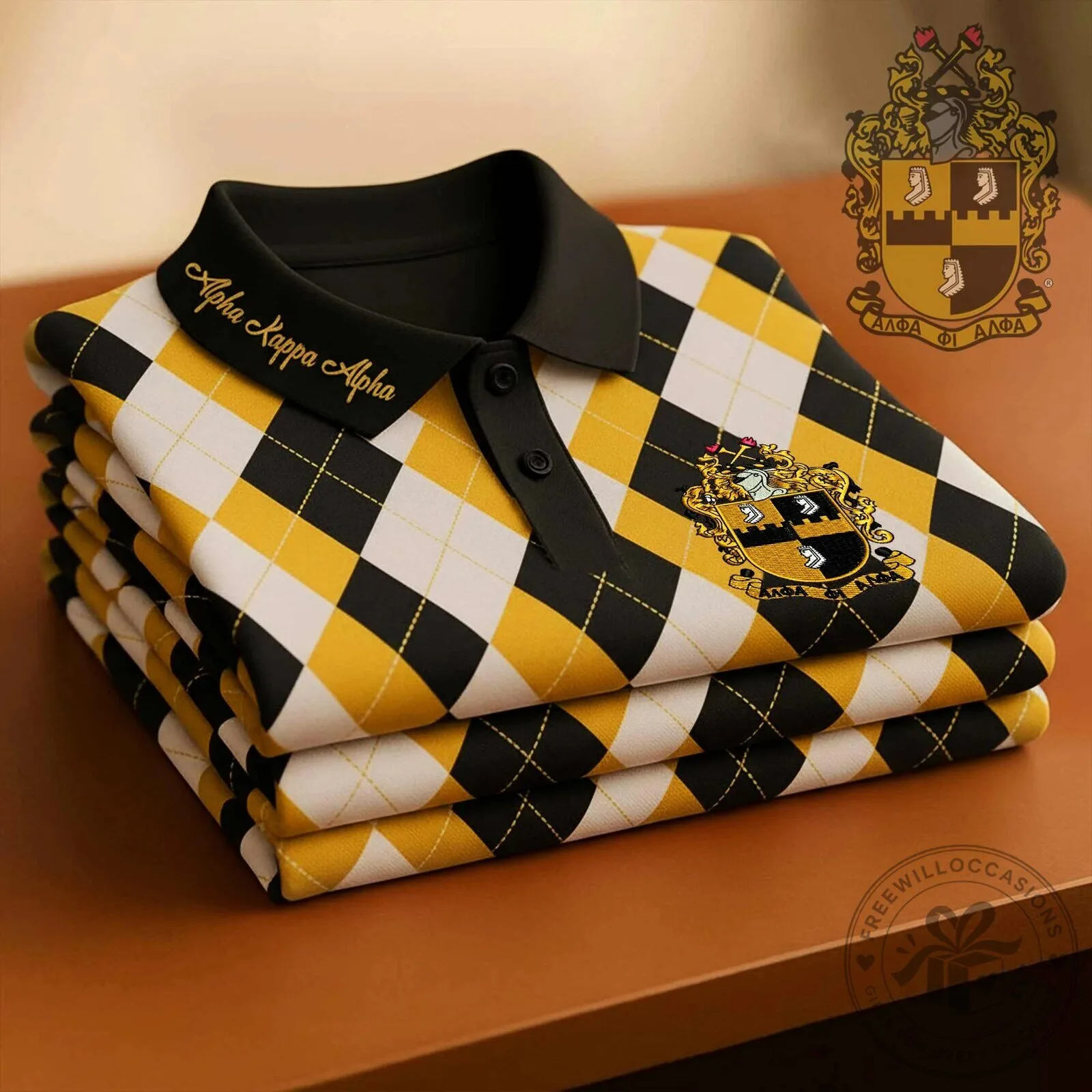 Alpha Kappa Alpha Fraternity Black and Gold Argyle Polo Shirt
