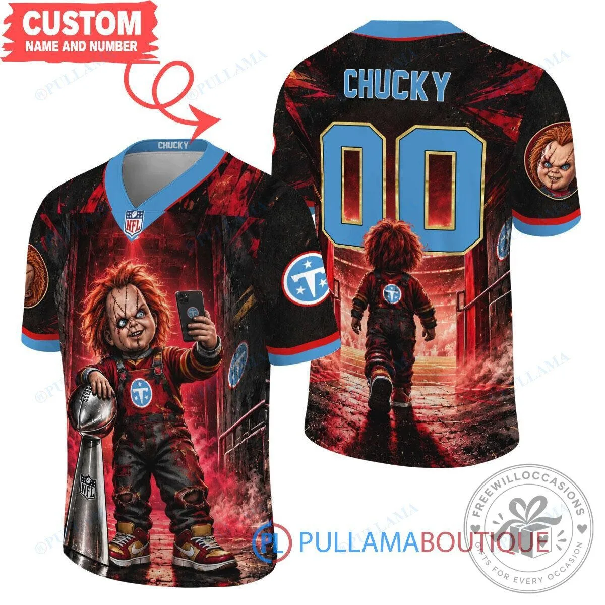 Chucky Child's Play Tennessee Titans Super Bowl Trophy Horror Football Jersey 1 Chucky Child's Play Tennessee Titans Super Bowl Trophy Horror Football Jersey