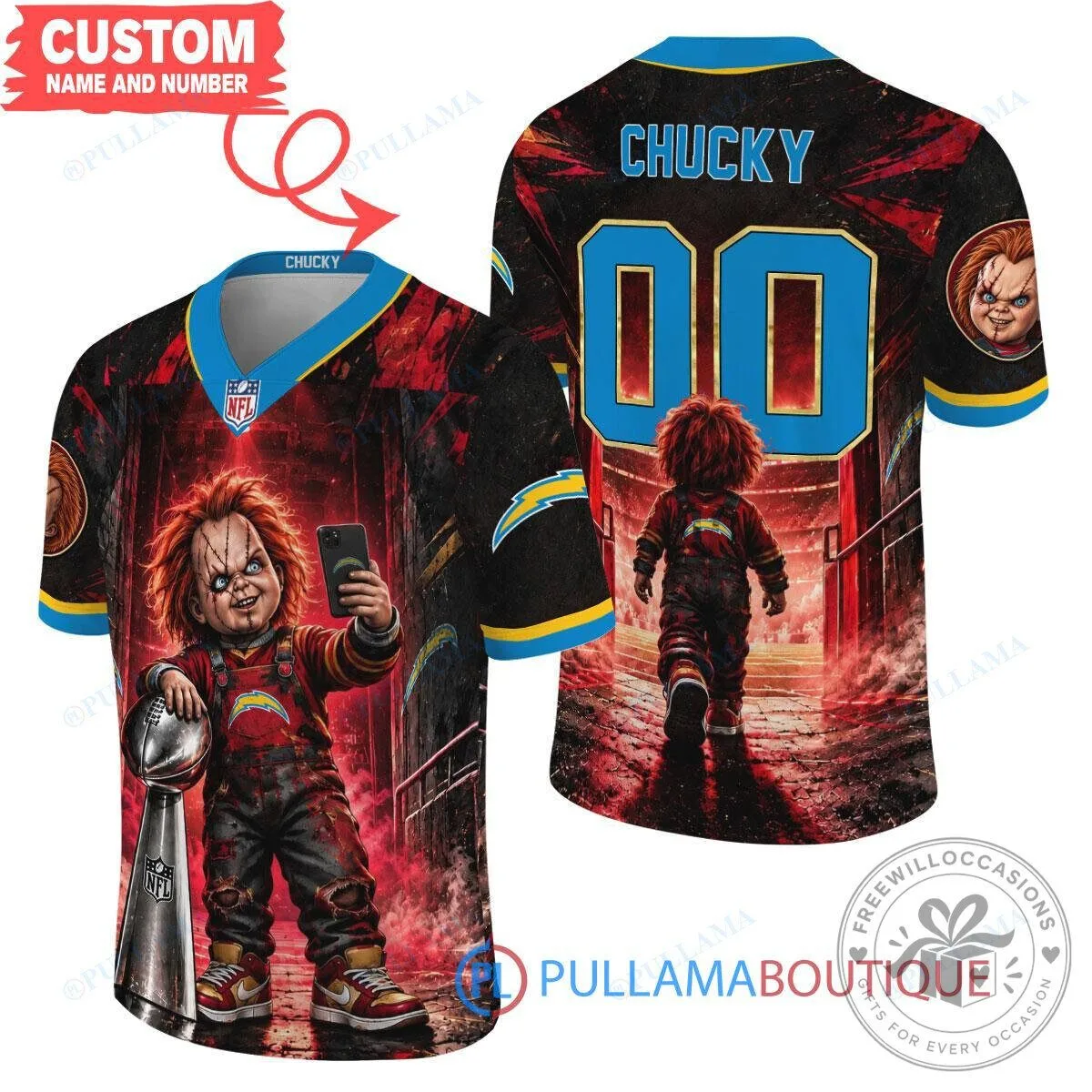 Los Angeles Chargers Chucky Child's Play Horror Movie Football Jersey 36 Los Angeles Chargers Chucky Child's Play Horror Movie Football Jersey