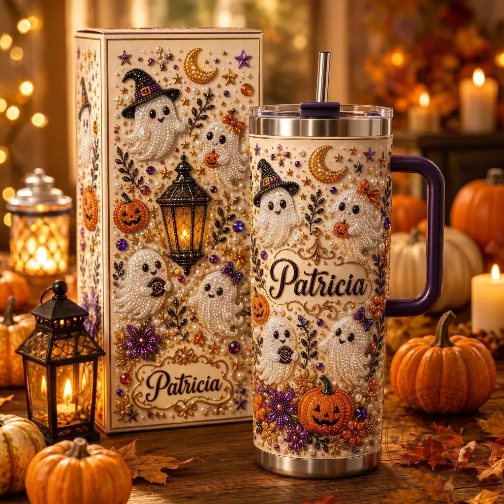 Personalized Halloween Ghost and Pumpkin Design Insulated Tumbler with Handle