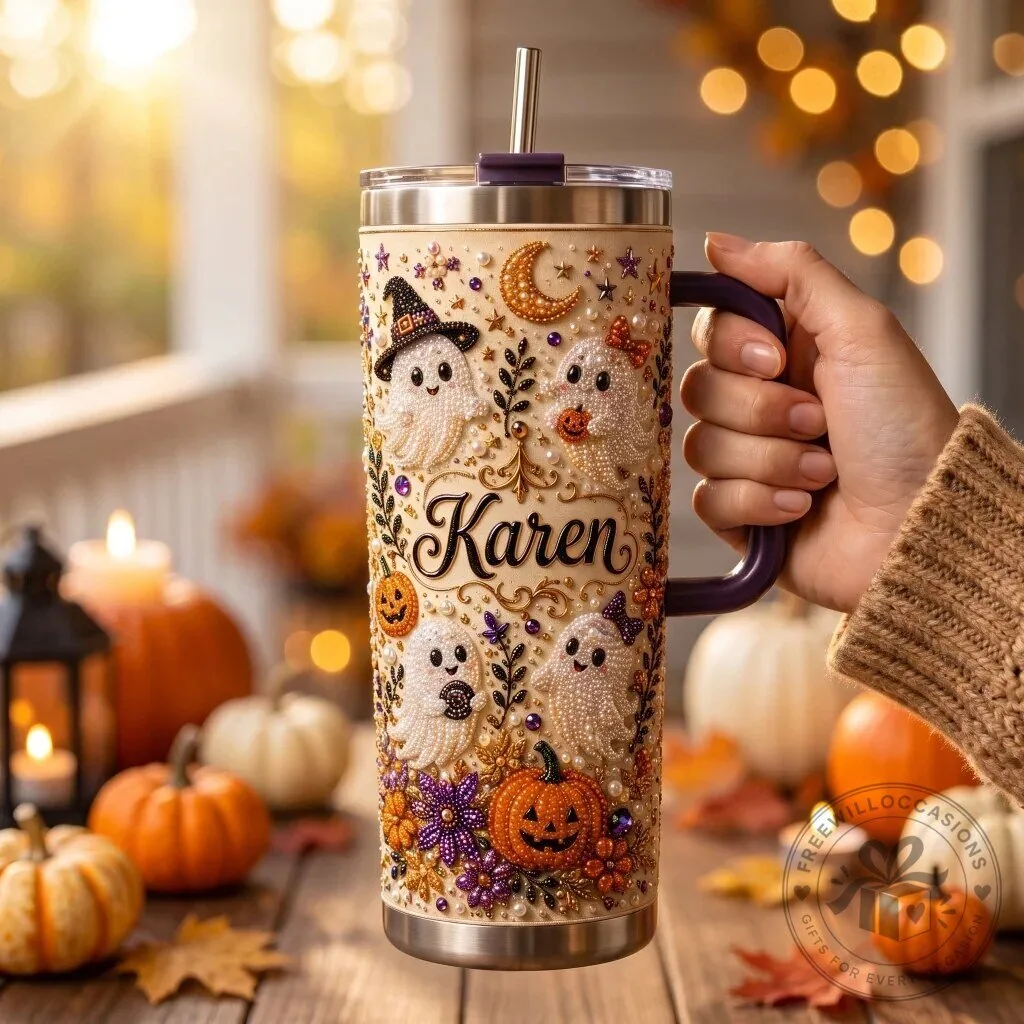 Personalized Halloween Ghost and Pumpkin Design Insulated Tumbler with Handle 7 Personalized Halloween Ghost and Pumpkin Design Insulated Tumbler with Handle