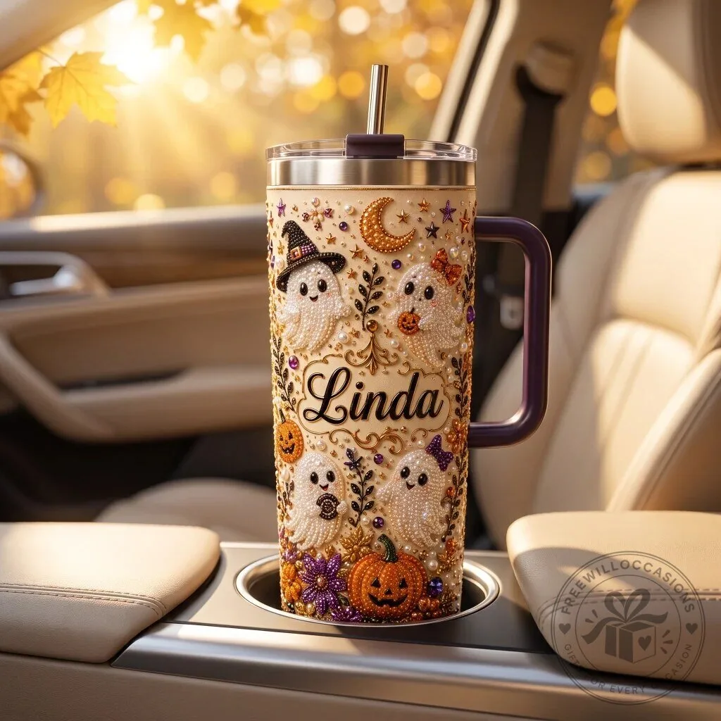 Personalized Halloween Ghost and Pumpkin Design Insulated Tumbler with Handle 8 Personalized Halloween Ghost and Pumpkin Design Insulated Tumbler with Handle