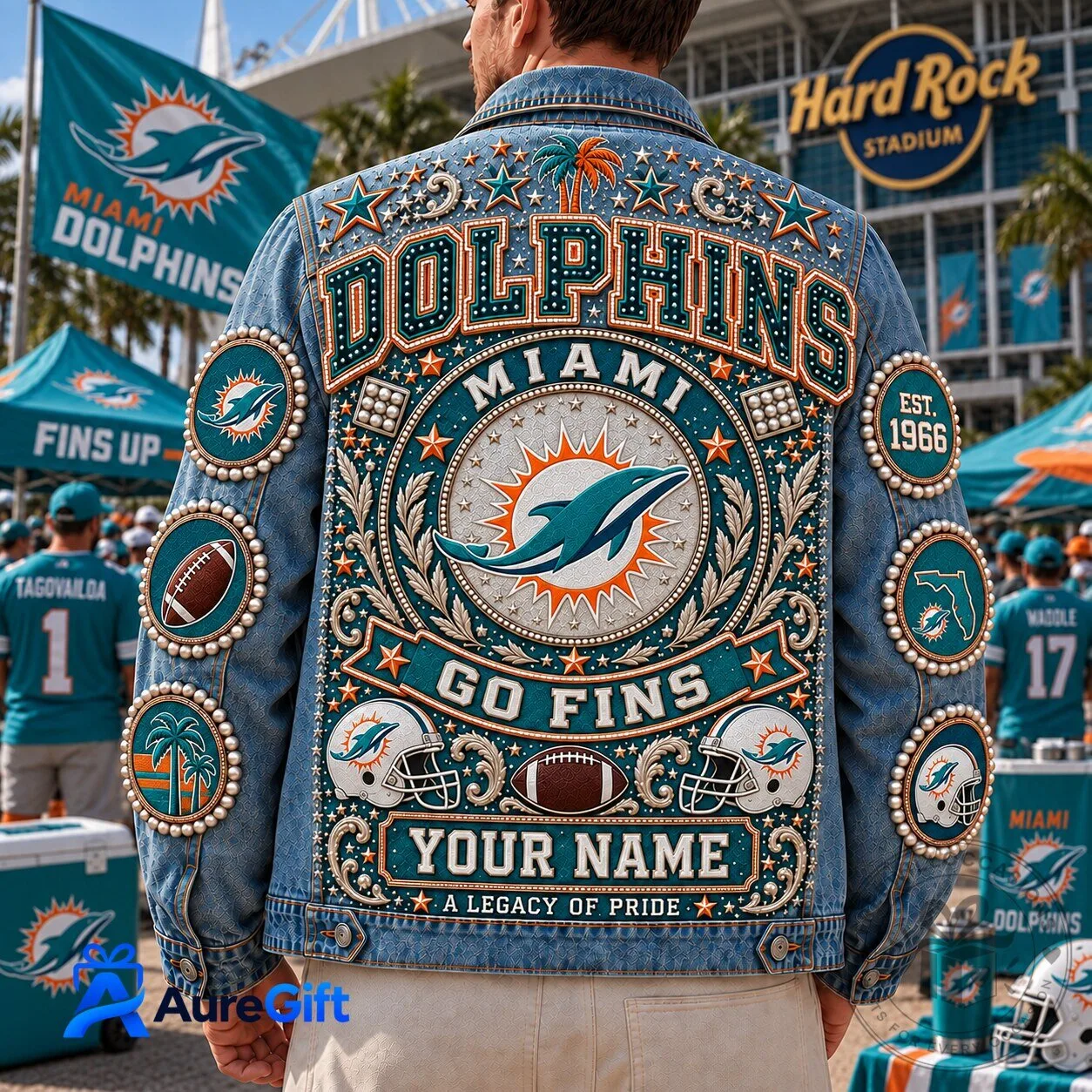 Miami Football Dolphins Personalized Denim Jacket with Custom Name