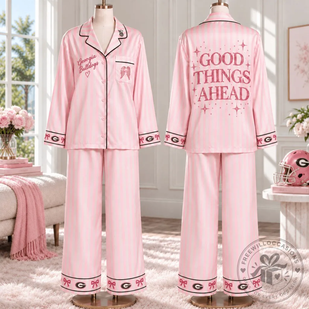 Georgia Bulldogs Pink Striped Satin Pajama Set for Women Georgia Bulldogs Pink Striped Satin Pajama Set for Women