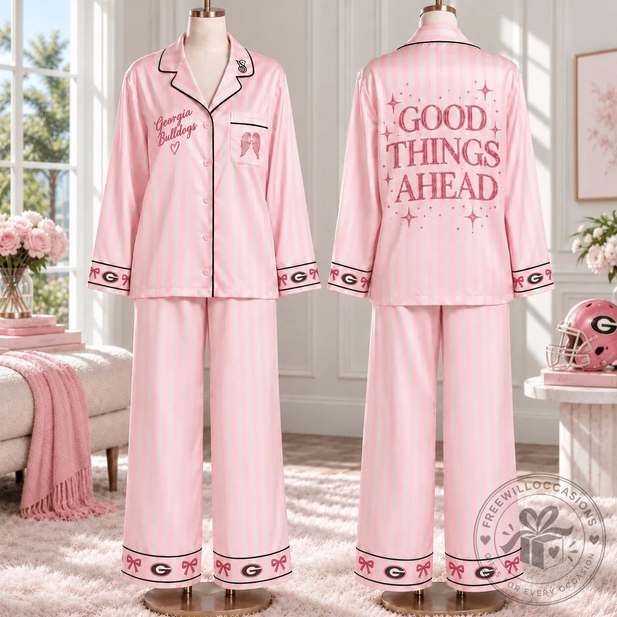 Georgia Bulldogs Pink Striped Satin Pajama Set for Women
