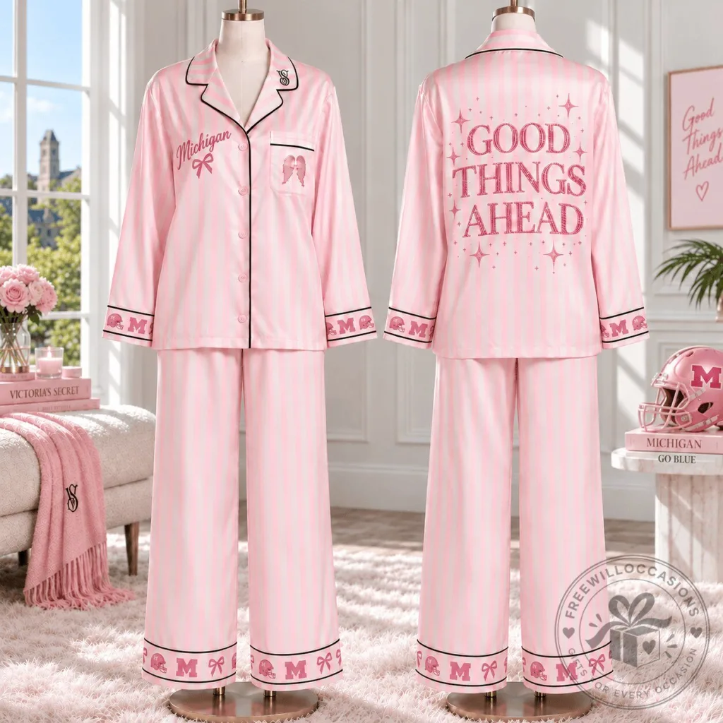 Michigan Wolverines Women's Pink Striped Satin Pajama Set Michigan Wolverines Women's Pink Striped Satin Pajama Set