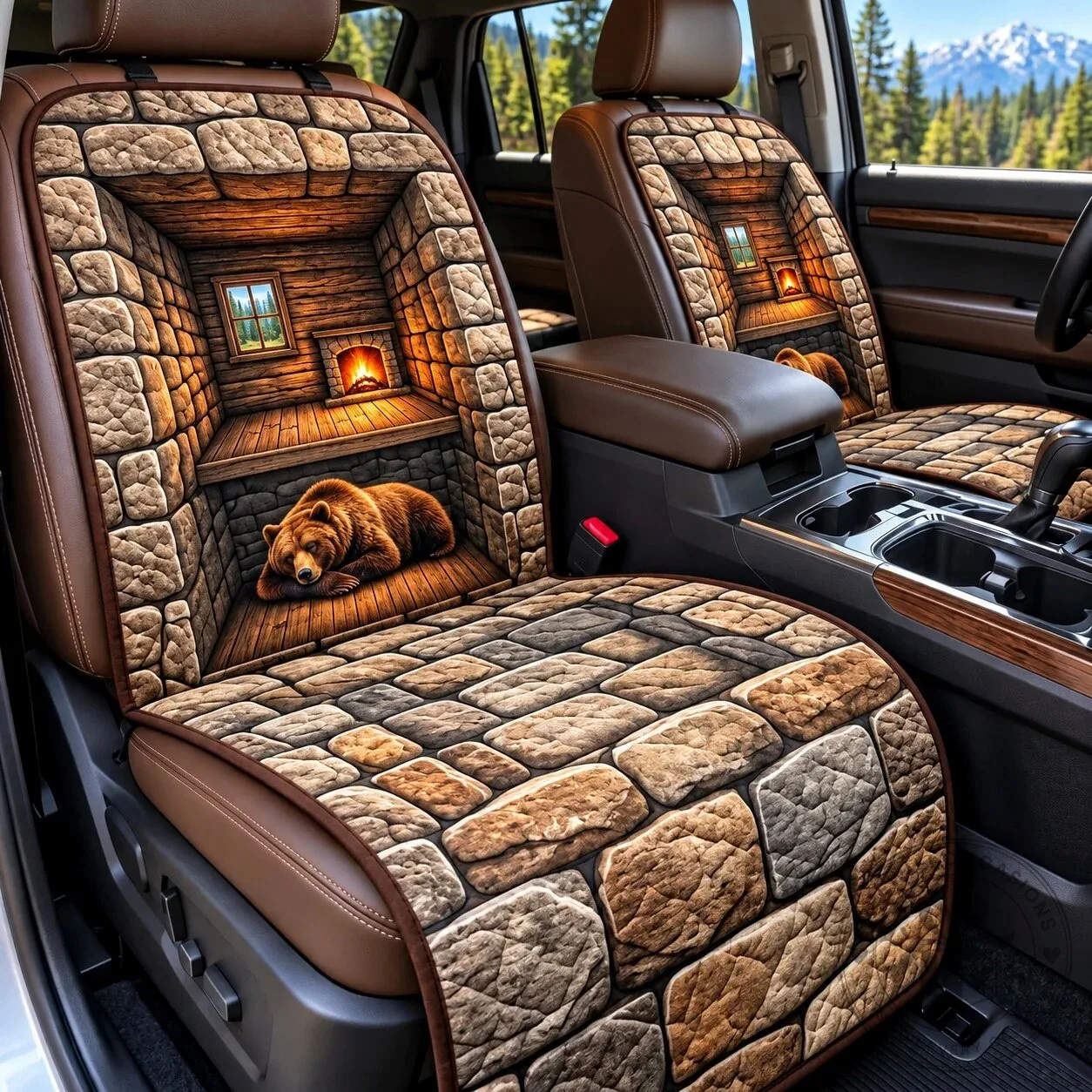 Sleeping Bear Cabin Stone Wall Pattern Car Seat Cover Protector