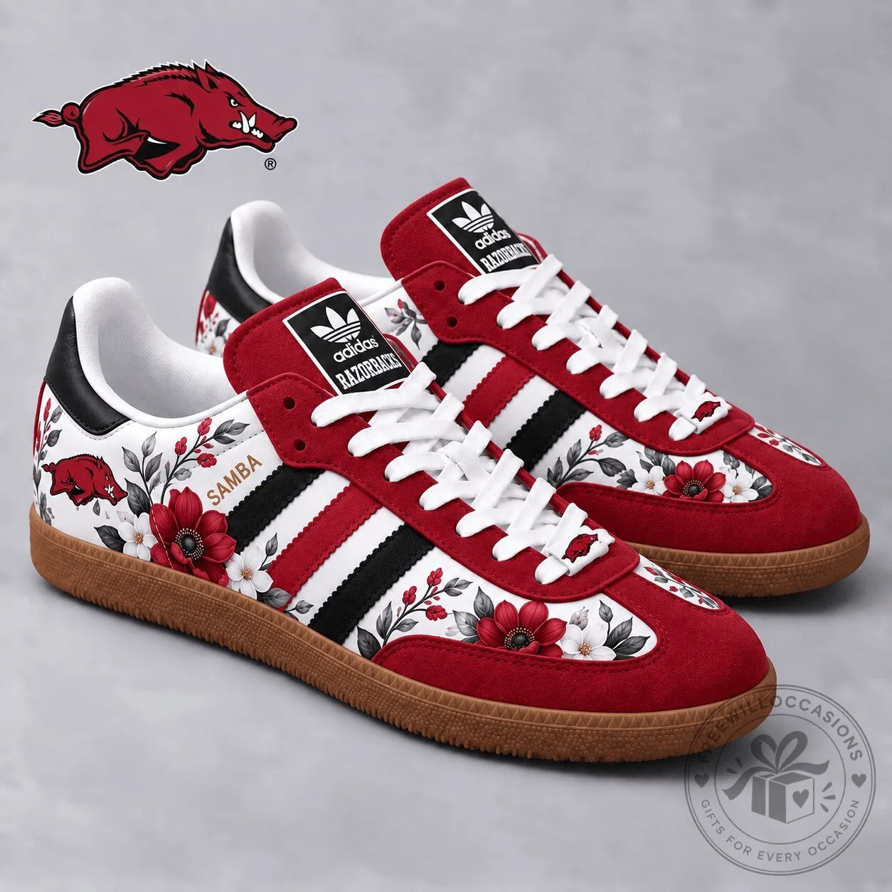 Arkansas Razorbacks Floral Pattern Red and White Athletic Shoes