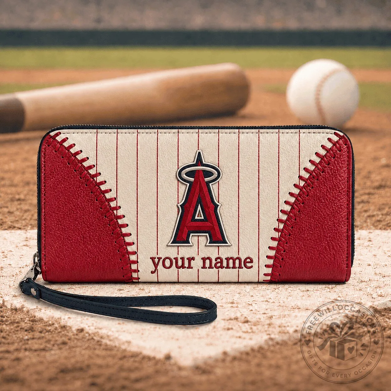 Los Angeles Angels Baseball Personalized Leather Zipper Wallet