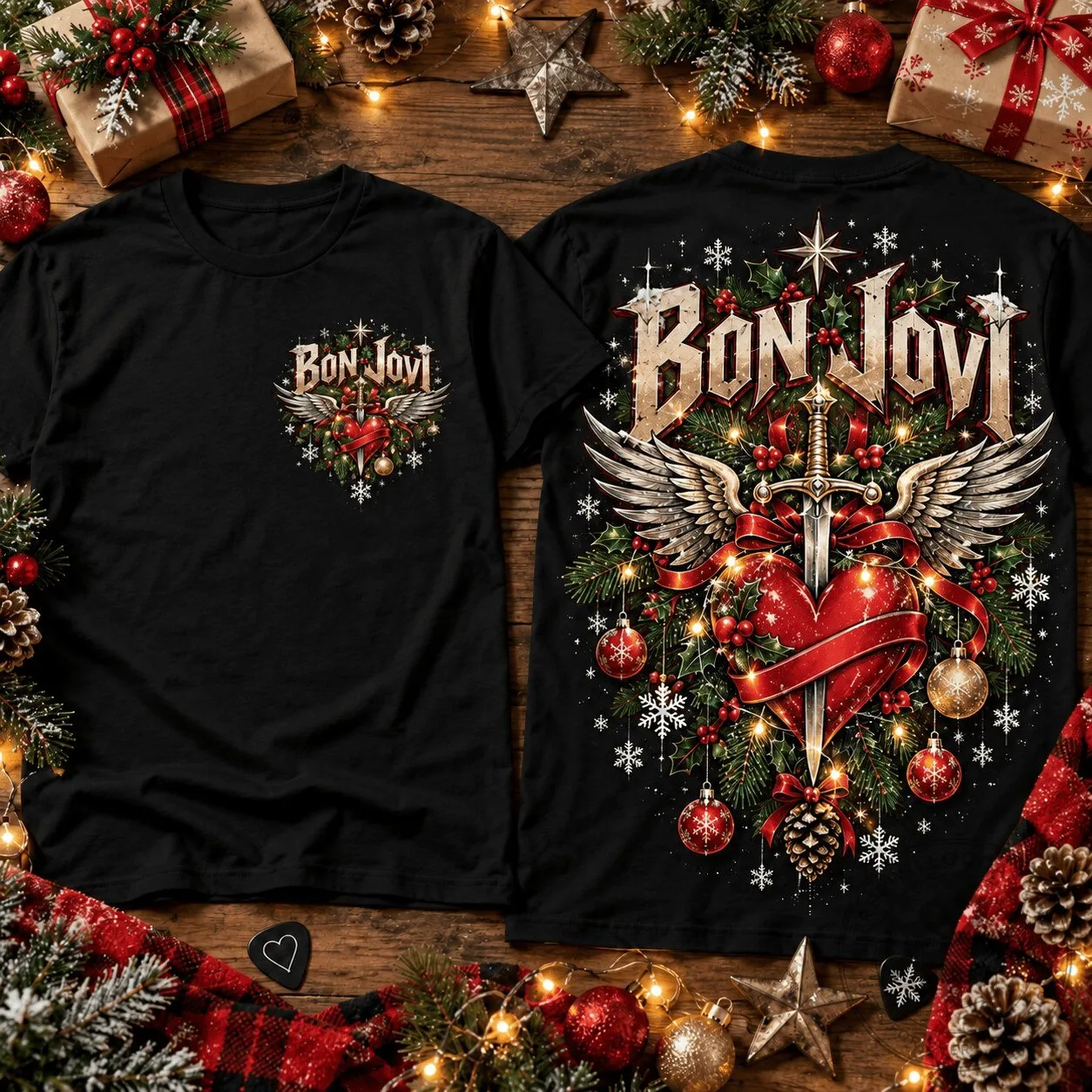 Bon Jovi Christmas Rock and Roll Heart Wings Sword Holiday T-Shirt