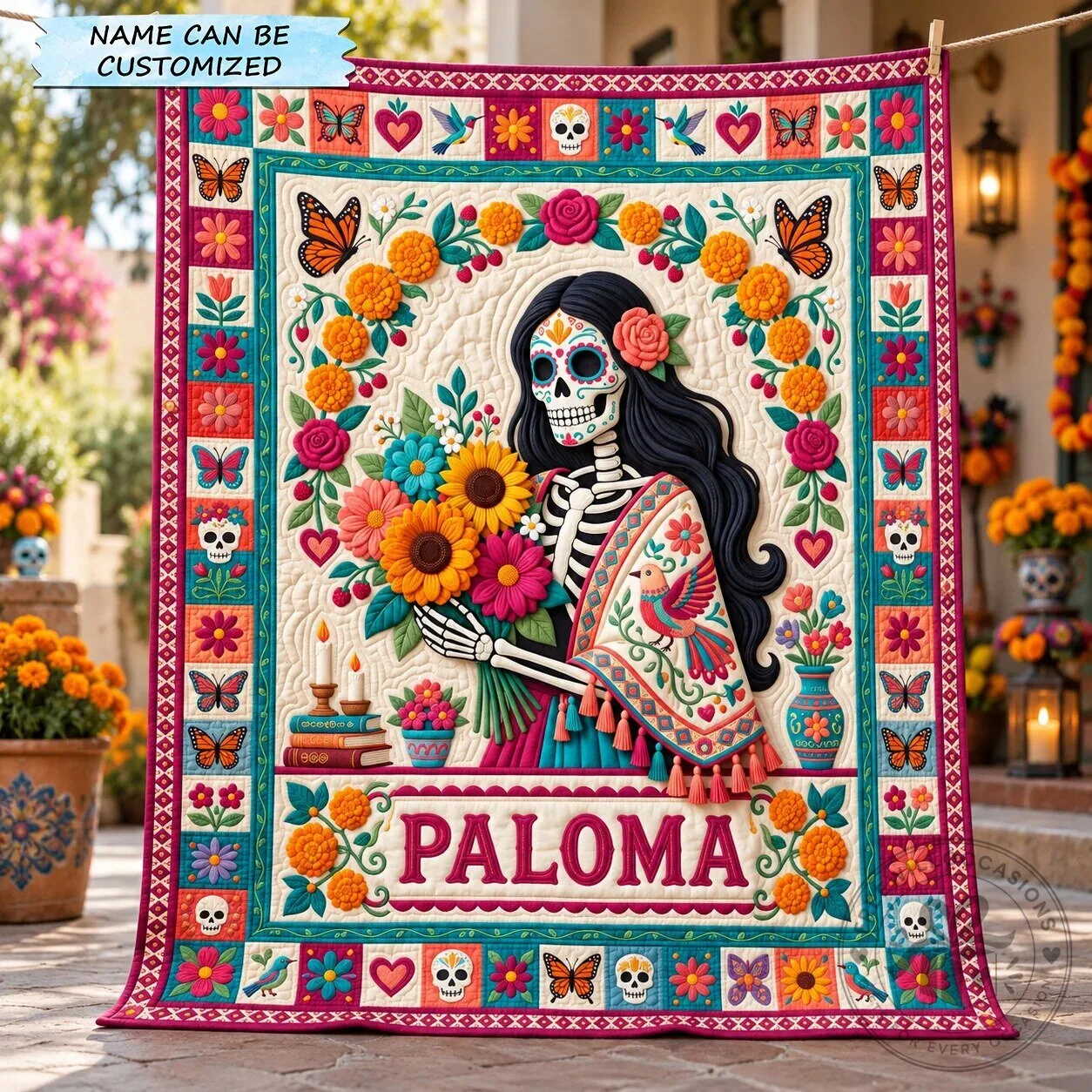 Personalized Day Of The Dead Sugar Skull Floral Quilted Blanket