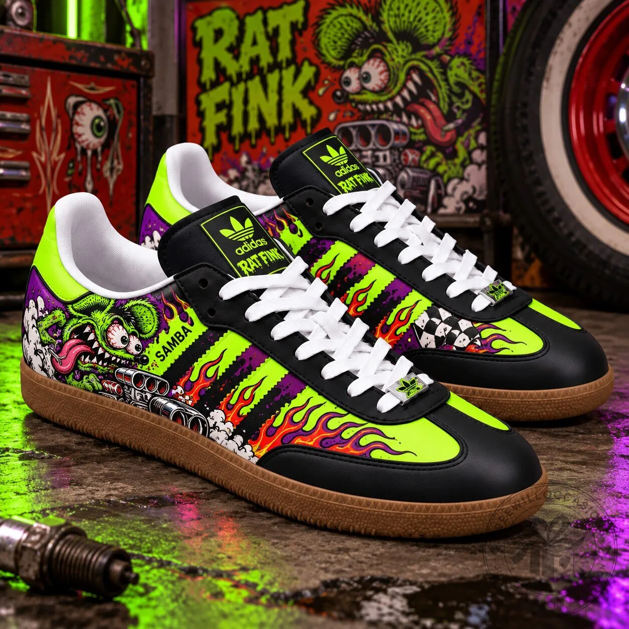 Rat Fink Hot Rod Flames Custom Adidas Samba Sneakers Shoes